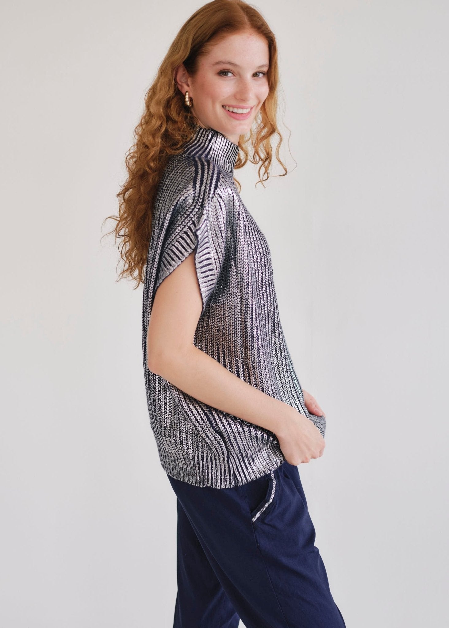 View our Saint Germain Italian Navy Foil Sleeveless Knit - by Tribute Store