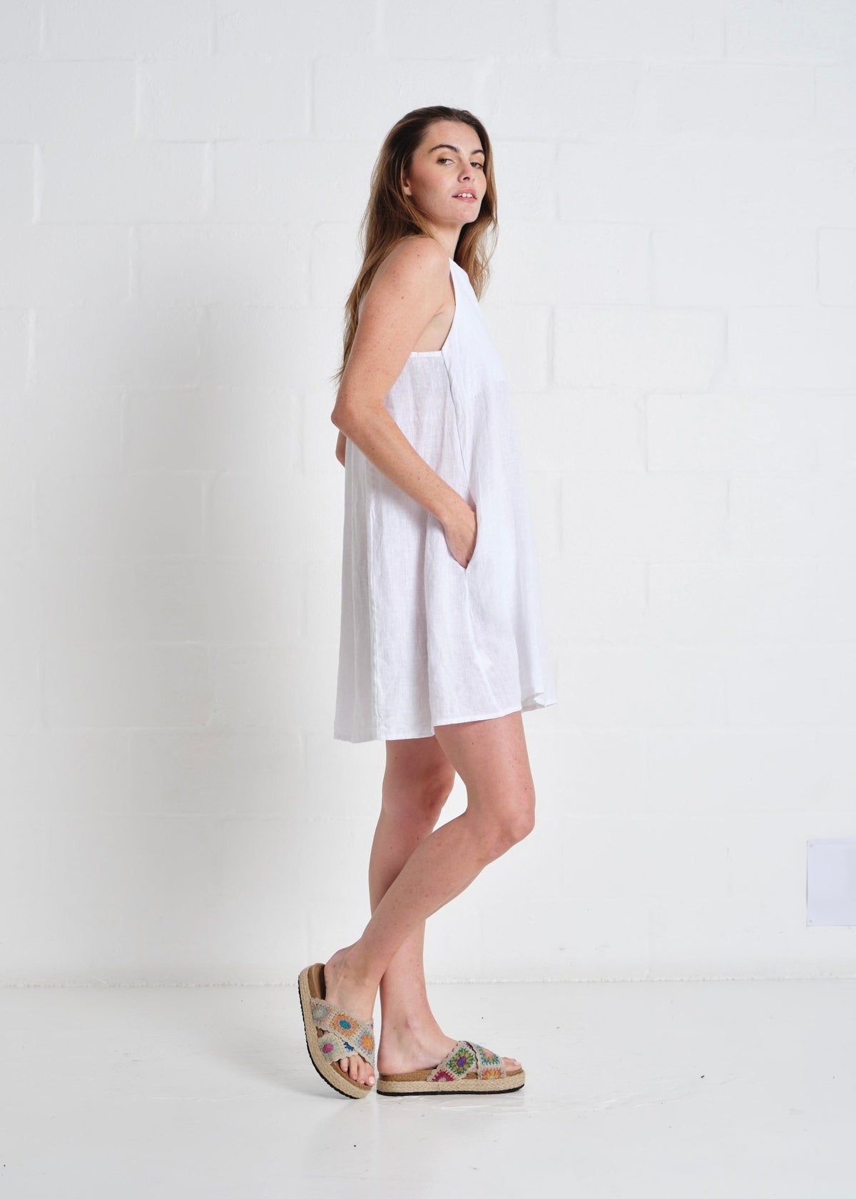 View our Saint Tropez Italian Linen Short Sleeveless Dress In White - by Tribute Store