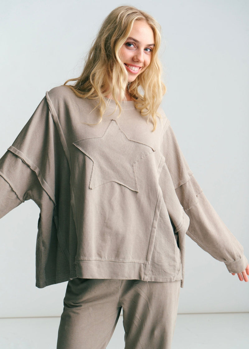 View our San Onofre Crew Neck Top With Star Print In Taupe - by Tribute Store