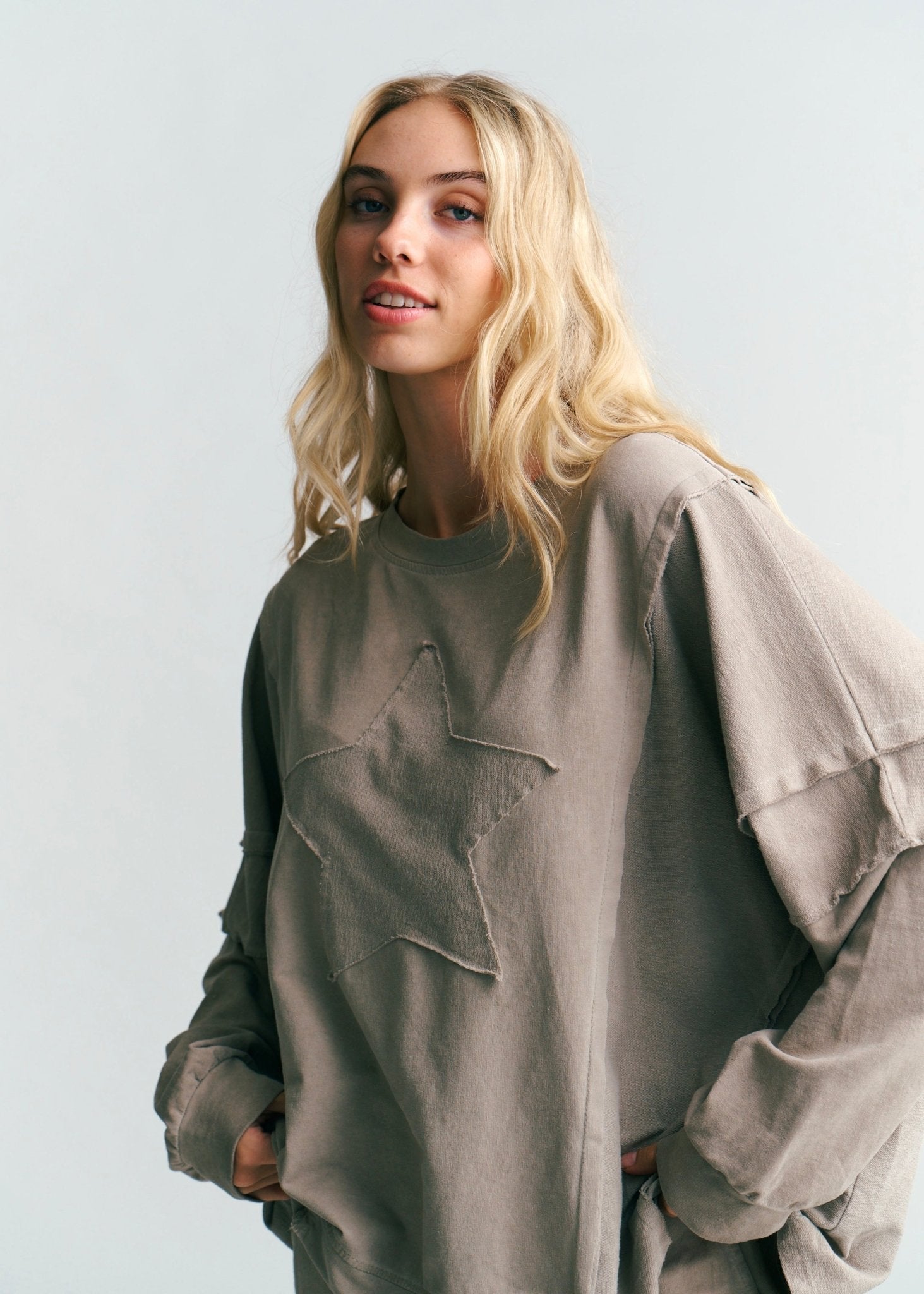 View our San Onofre Crew Neck Top With Star Print In Taupe - by Tribute Store