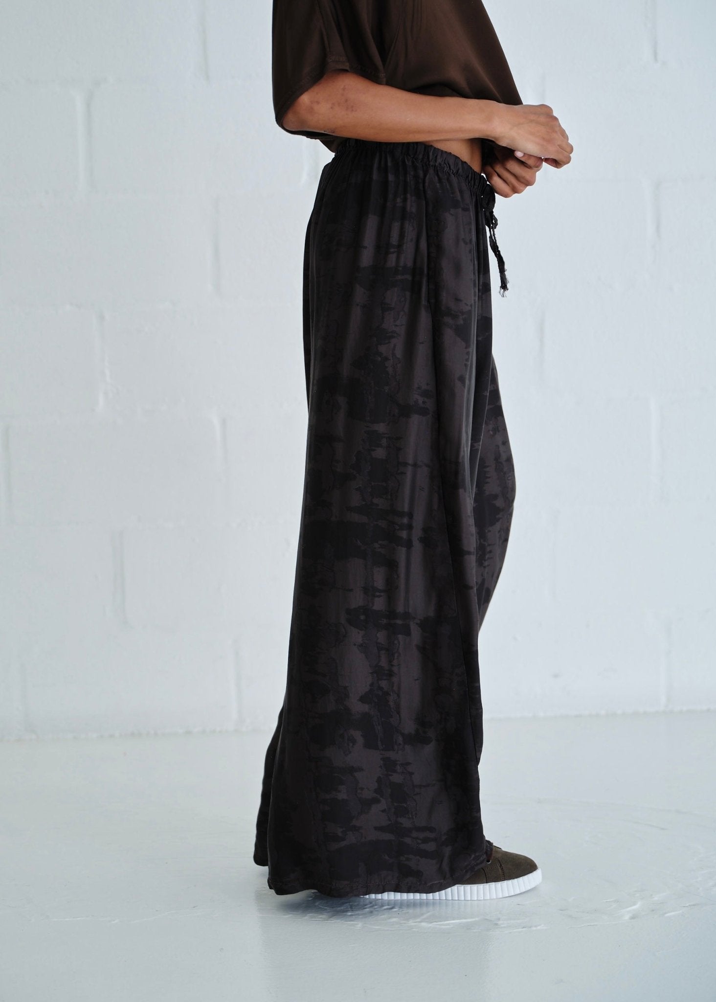 View our Satin Feel Palazzo Pants With Animal Print In Chocolate - by Tribute Store