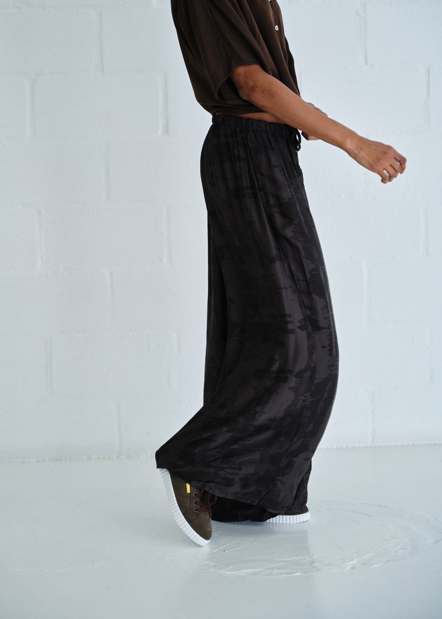 View our Satin Feel Palazzo Pants With Animal Print In Chocolate - by Tribute Store