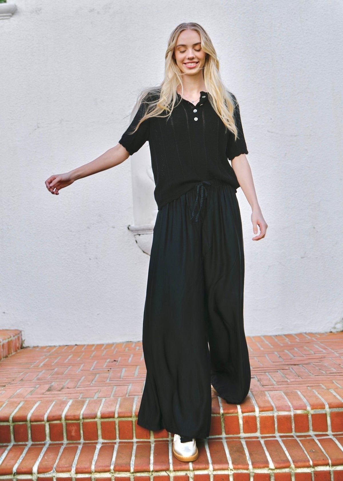 View our Satin Feel Palazzo Pants With Drawstring In Black - by Tribute Store