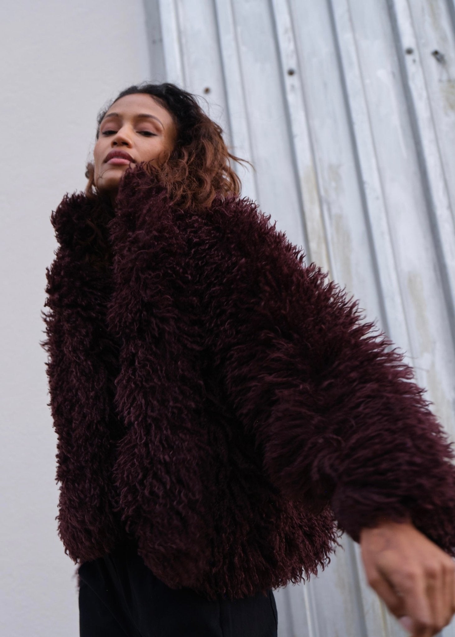 View our Shaggy Faux Fur Cropped Jacket In Burgundy - by Tribute Store