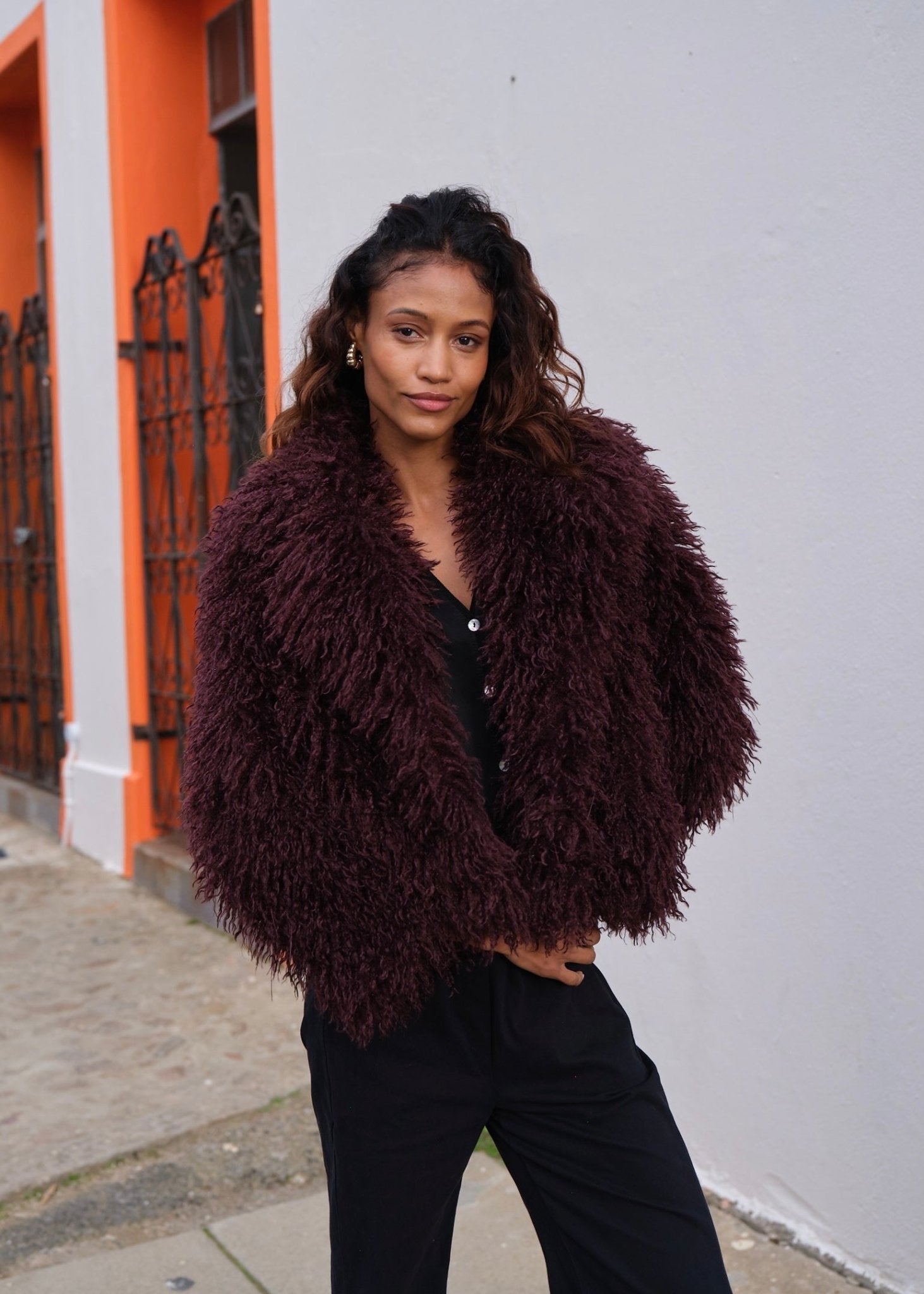 View our Shaggy Faux Fur Cropped Jacket In Burgundy - by Tribute Store