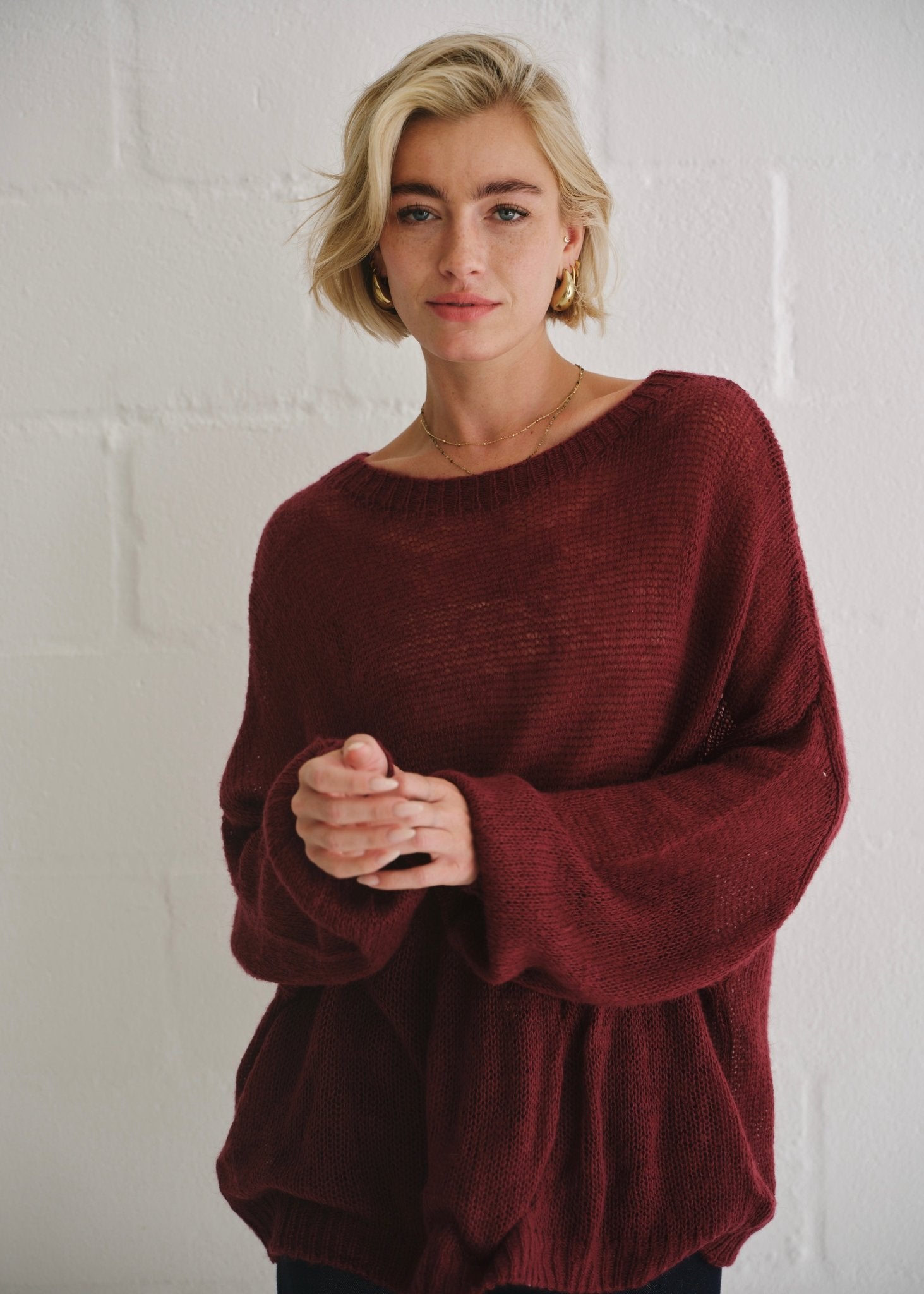 View our Sheer Knit Sweater In Burgundy - by Tribute Store