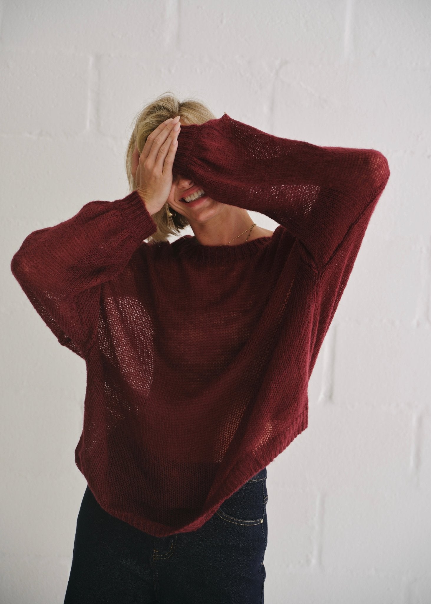 View our Sheer Knit Sweater In Burgundy - by Tribute Store