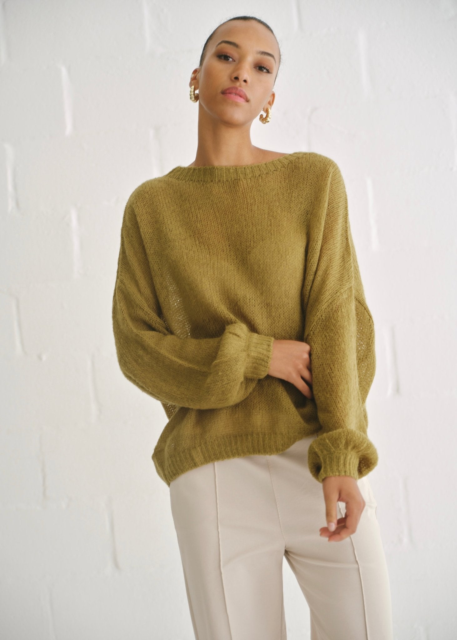 View our Sheer Knit Sweater In Olive - by Tribute Store