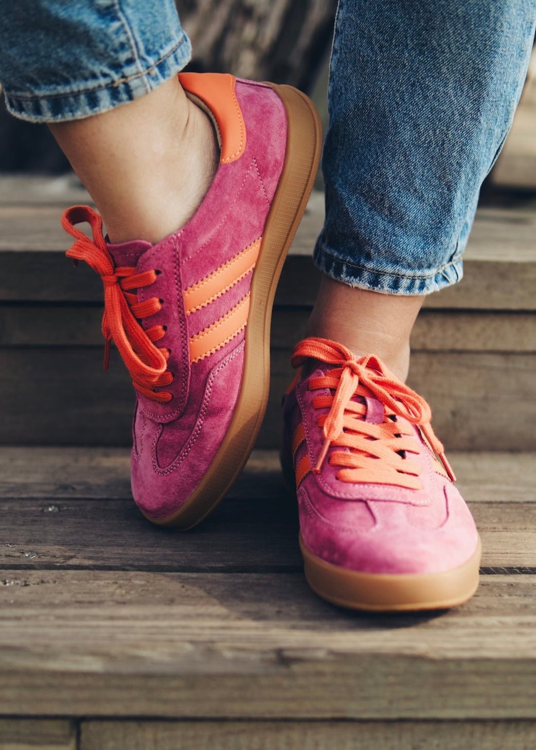 View our Shiloh Leather Sneaker In Fuchsia & Orange - by Tribute Store