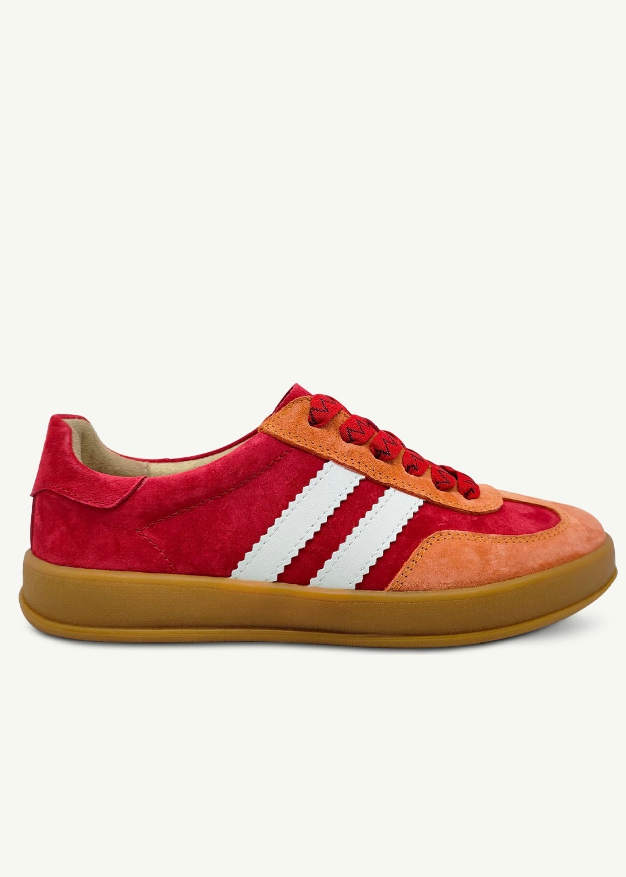 View our Shiloh Leather Sneaker In Red, Orange & White - by Tribute Store