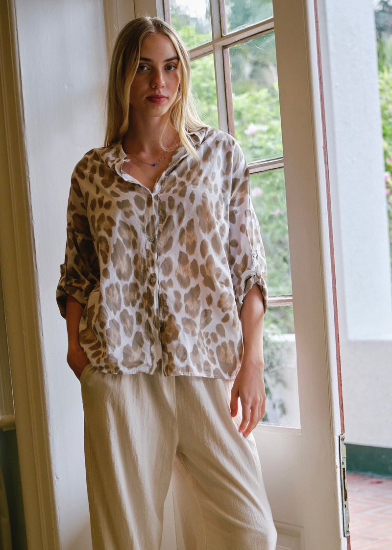 View our Siena Italian Cotton Leopard Shirt in White - by Tribute Store