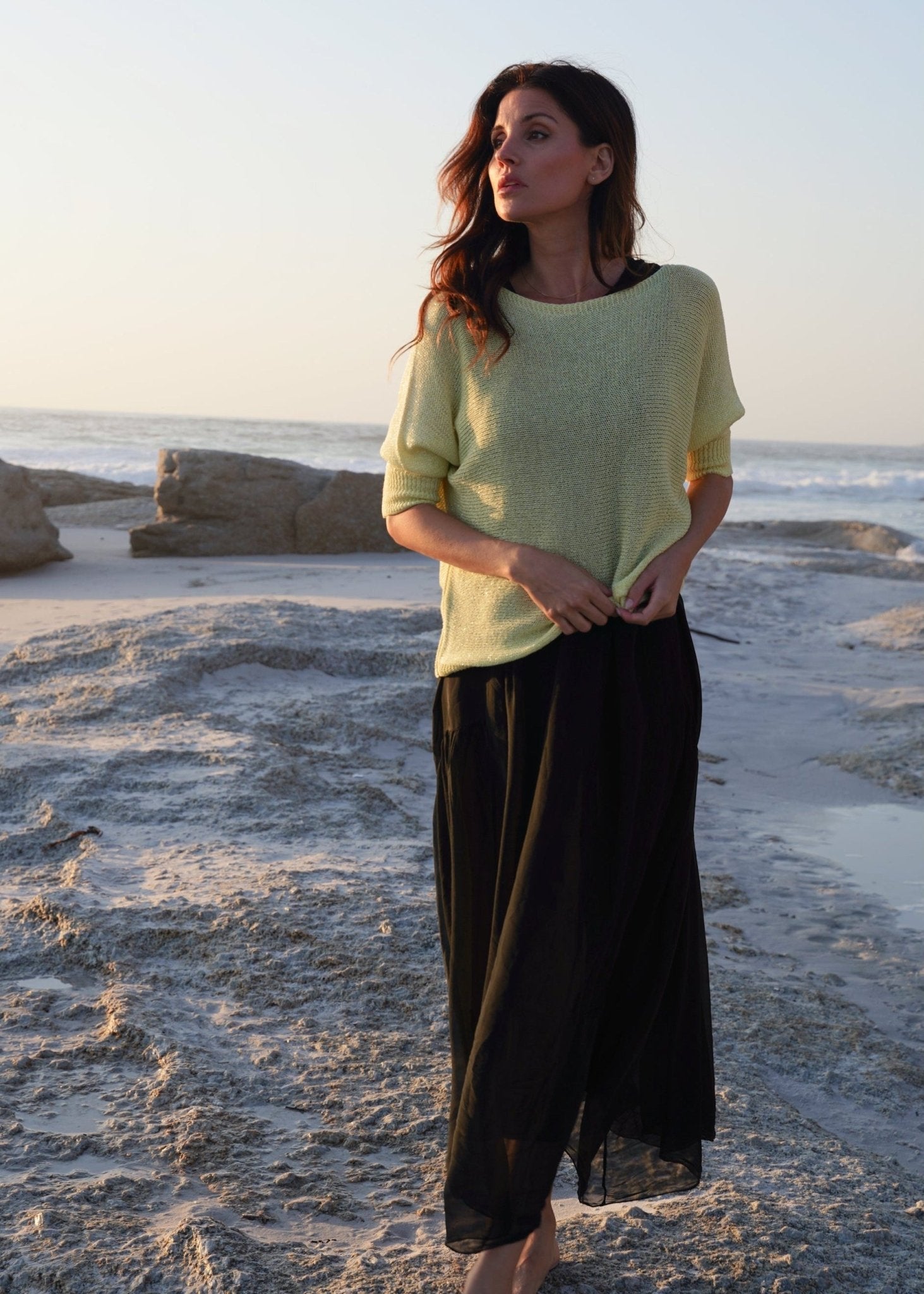 View our Sienna Italian Batwing Knit with Shimmer In Butter Yellow - by Tribute Store