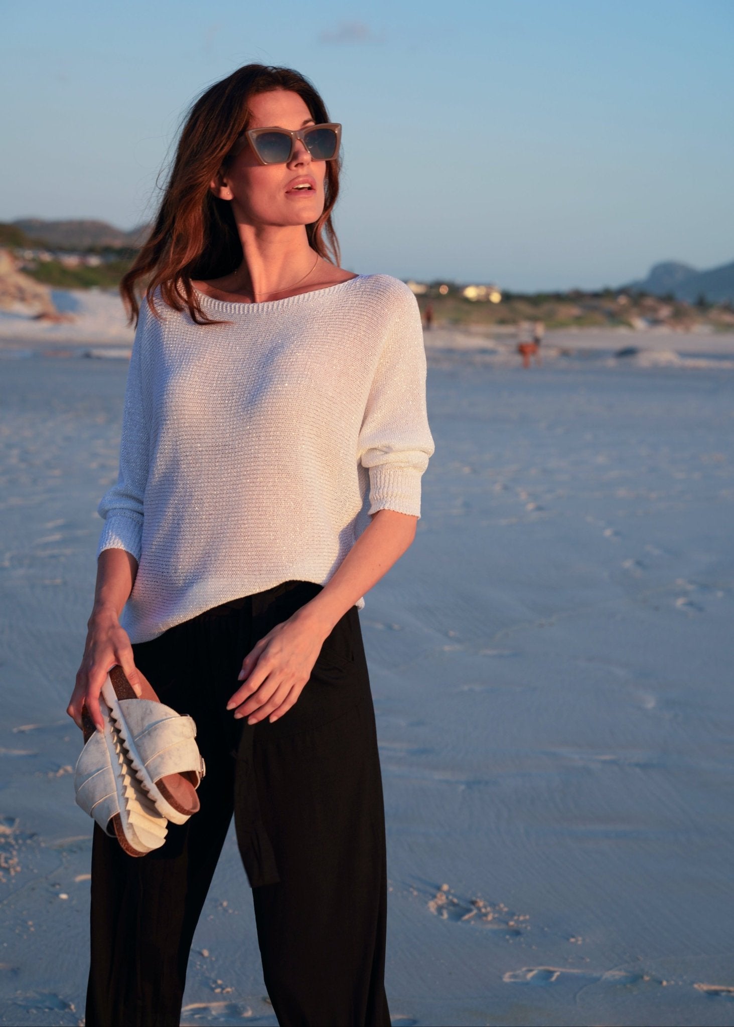 View our Sienna Italian Batwing Knit with Shimmer In White - by Tribute Store