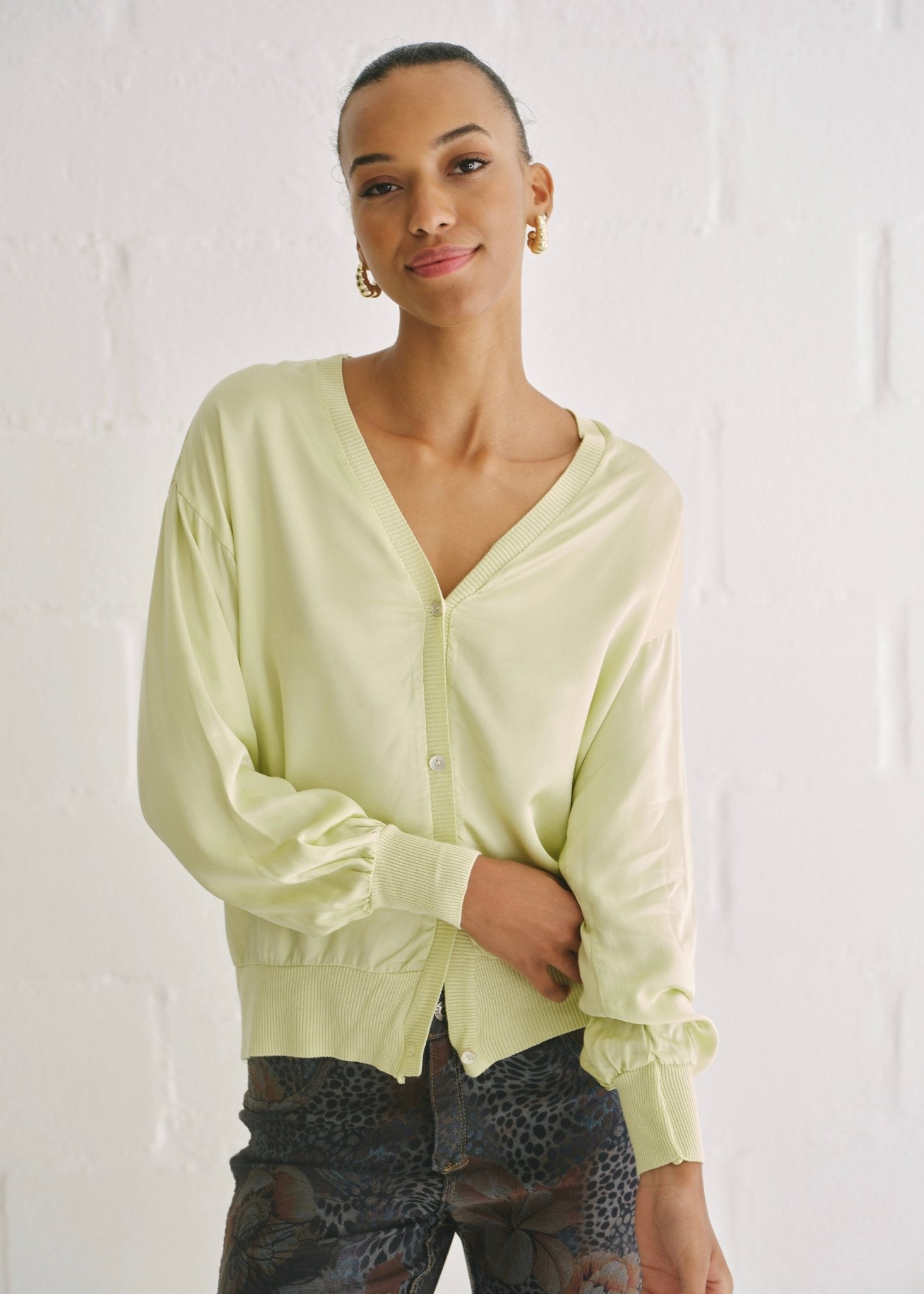 View our Sintra Italian Satin Cardigan In Chartreuse - by Tribute Store