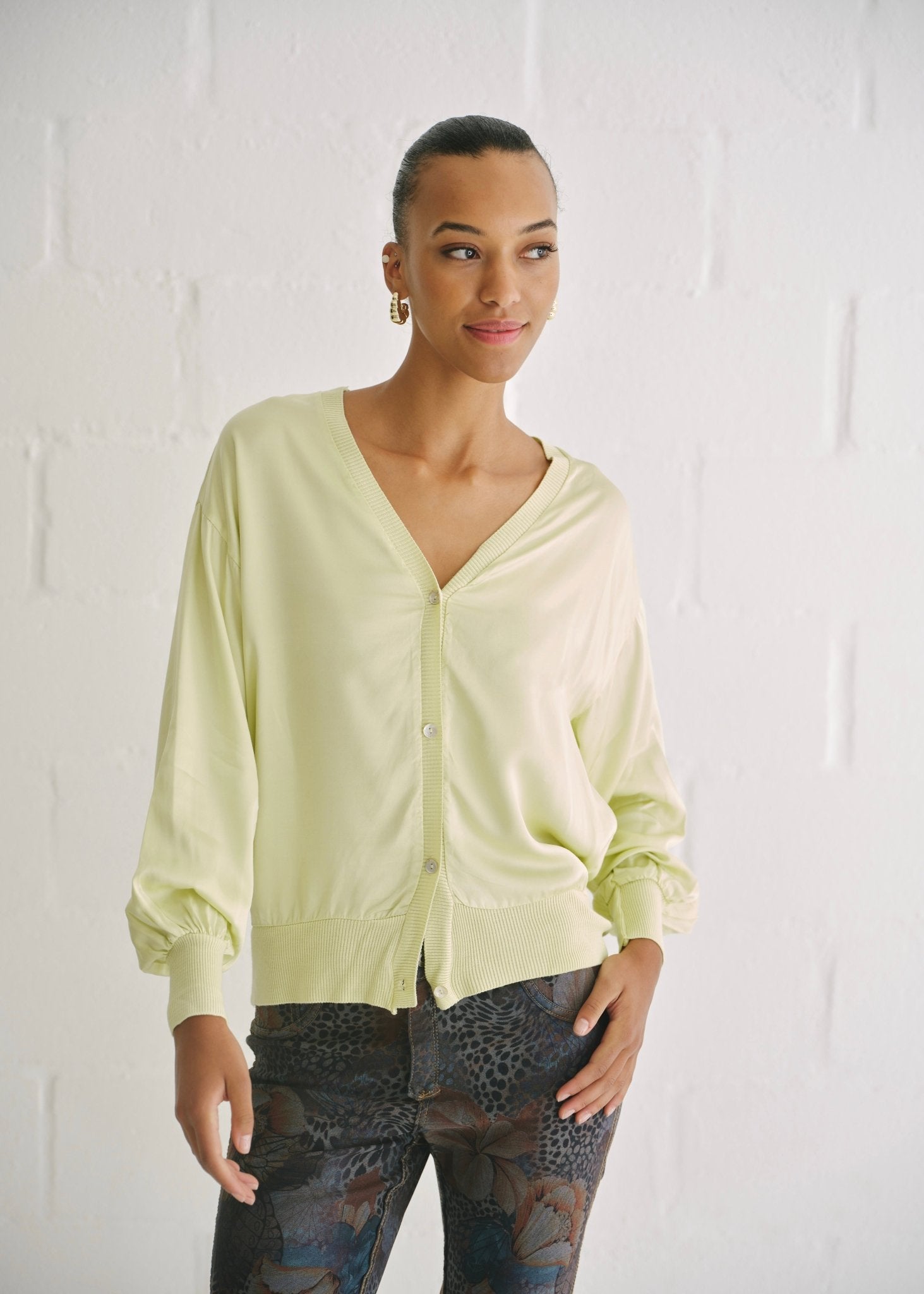 View our Sintra Italian Satin Cardigan In Chartreuse - by Tribute Store