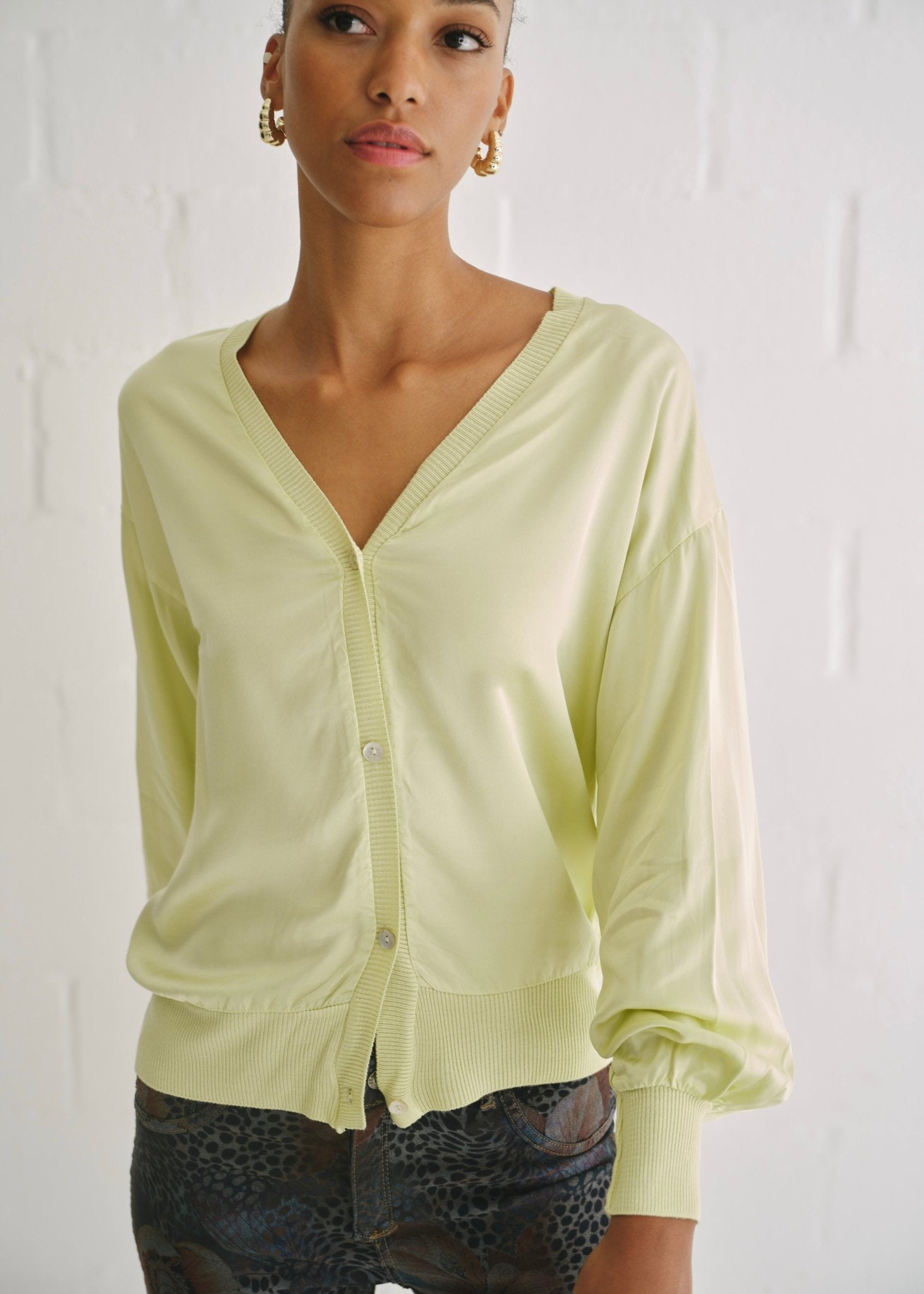 View our Sintra Italian Satin Cardigan In Chartreuse - by Tribute Store