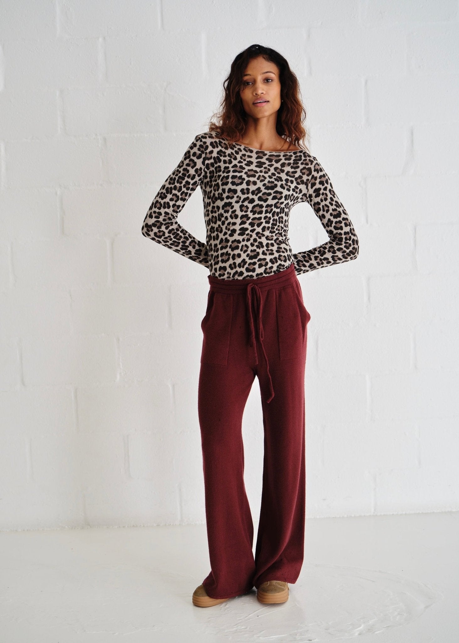 View our Sofia Italian Knitted Palazzo Pants In Burgundy - by Tribute Store