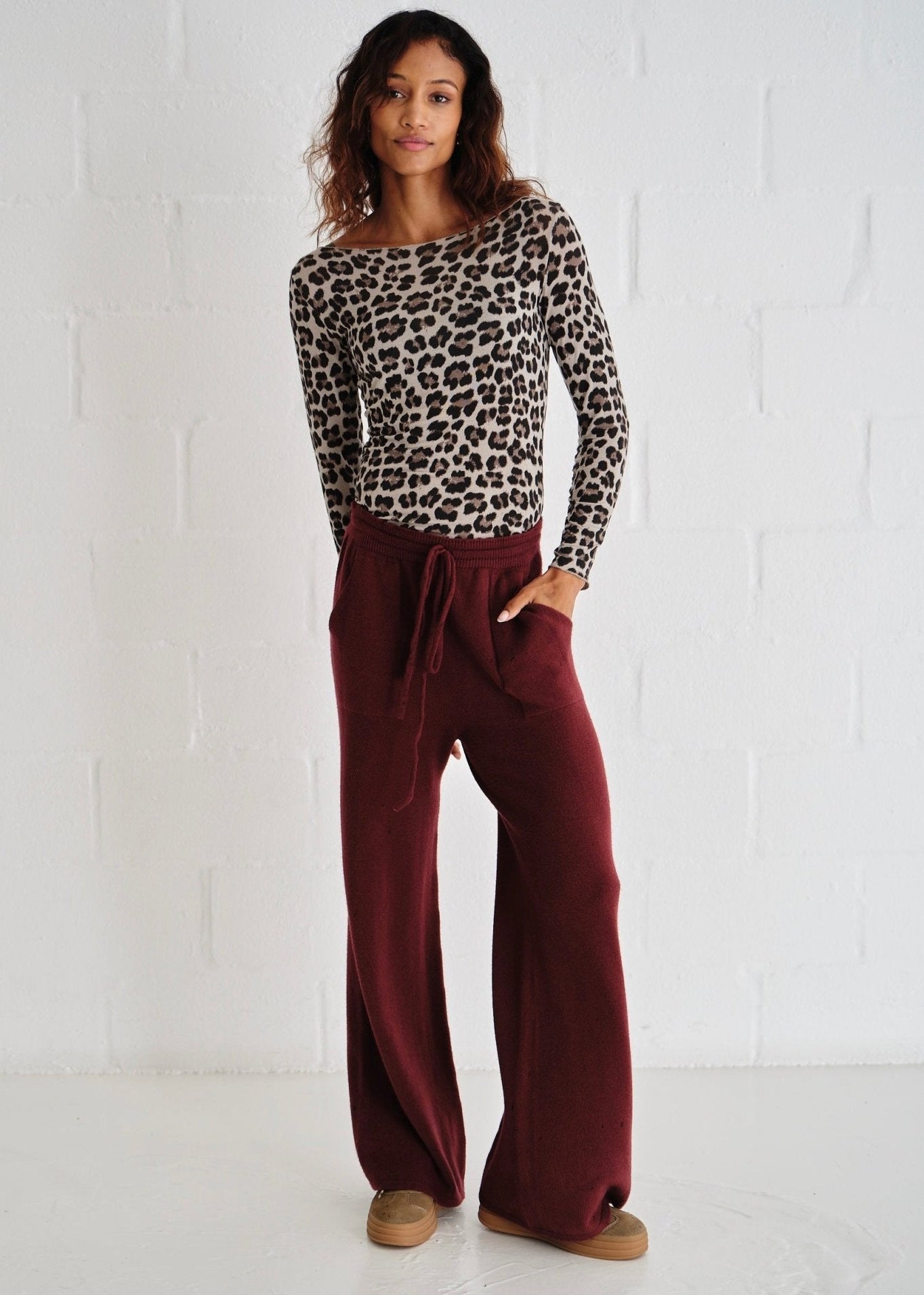 View our Sofia Italian Knitted Palazzo Pants In Burgundy - by Tribute Store
