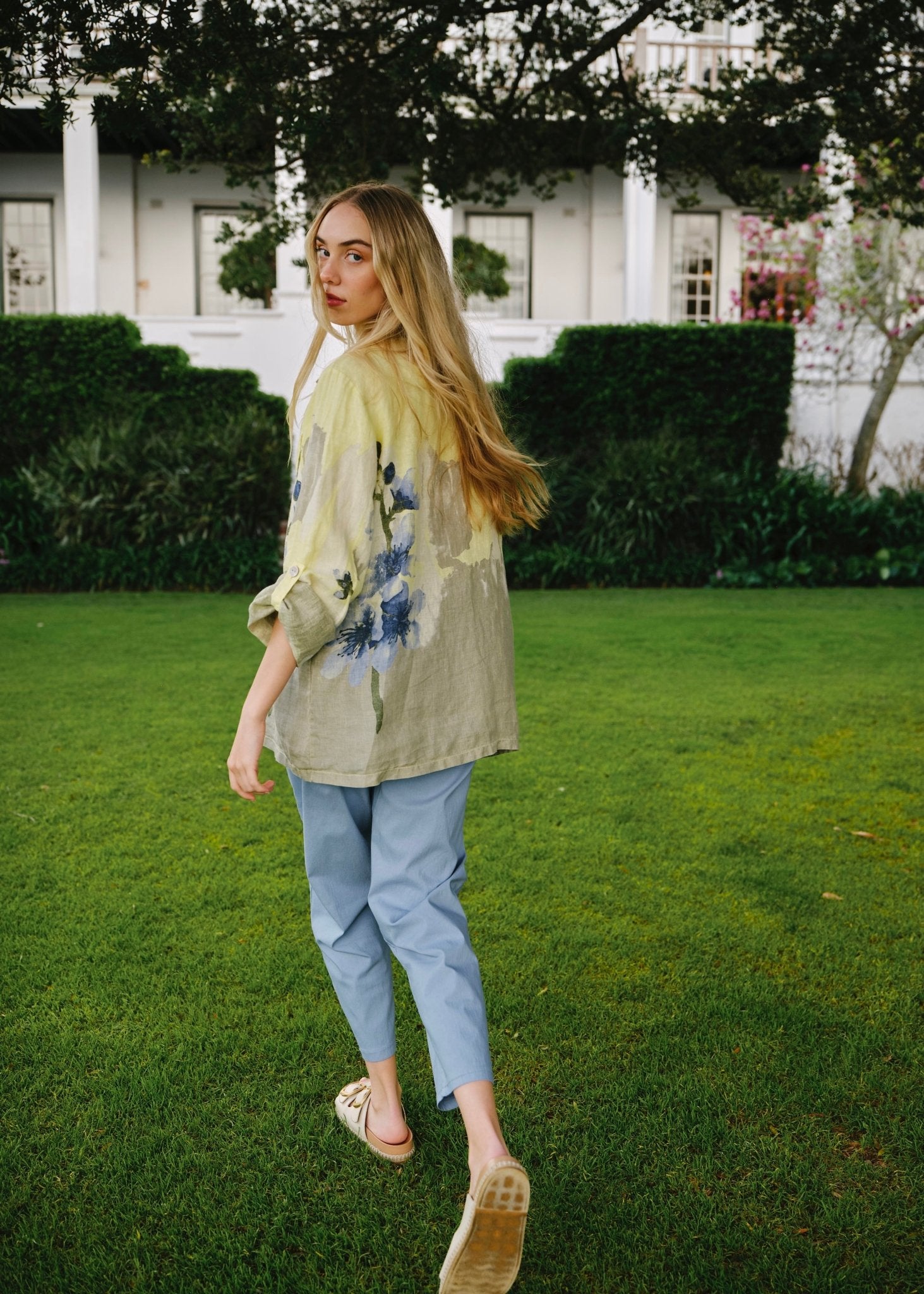 View our Sorrento Italian Linen Blazer in Butter Yellow Floral - by Tribute Store