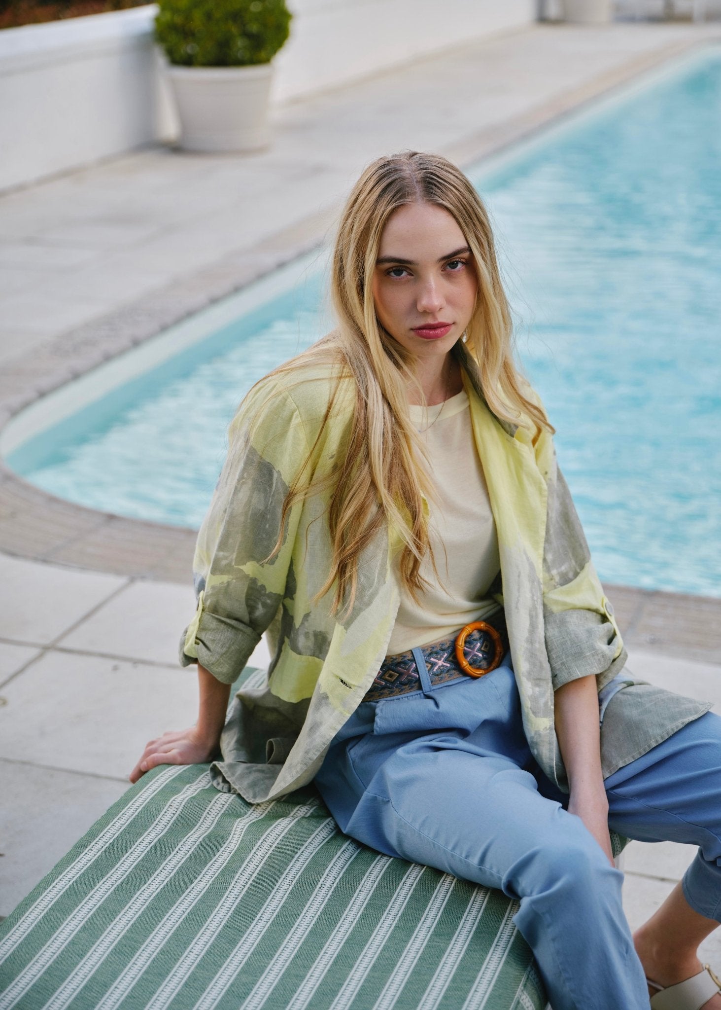 View our Sorrento Italian Linen Blazer in Butter Yellow Floral - by Tribute Store