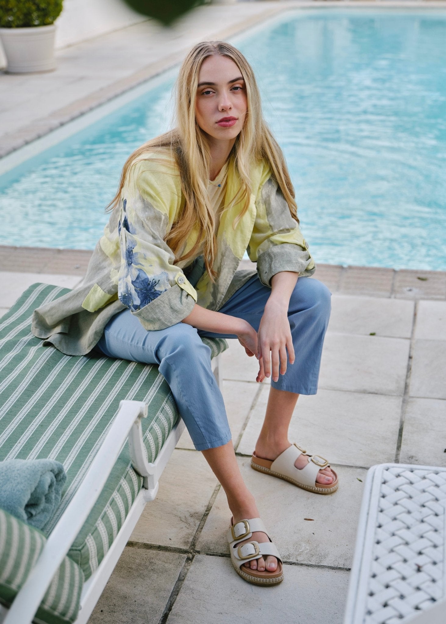 View our Sorrento Italian Linen Blazer in Butter Yellow Floral - by Tribute Store