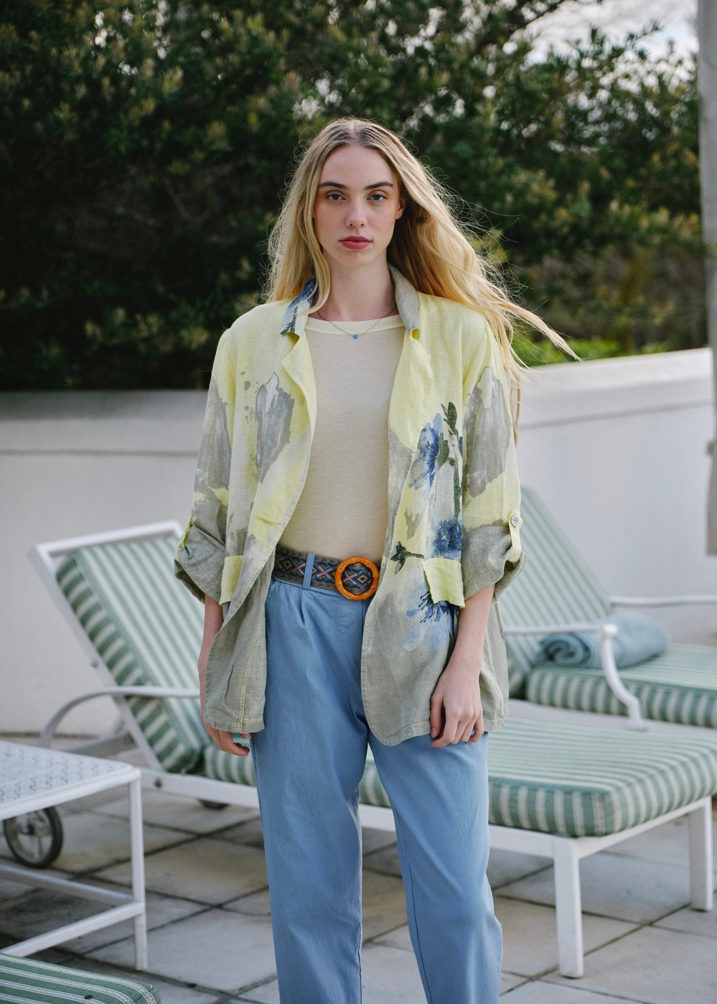 View our Sorrento Italian Linen Blazer in Butter Yellow Floral - by Tribute Store