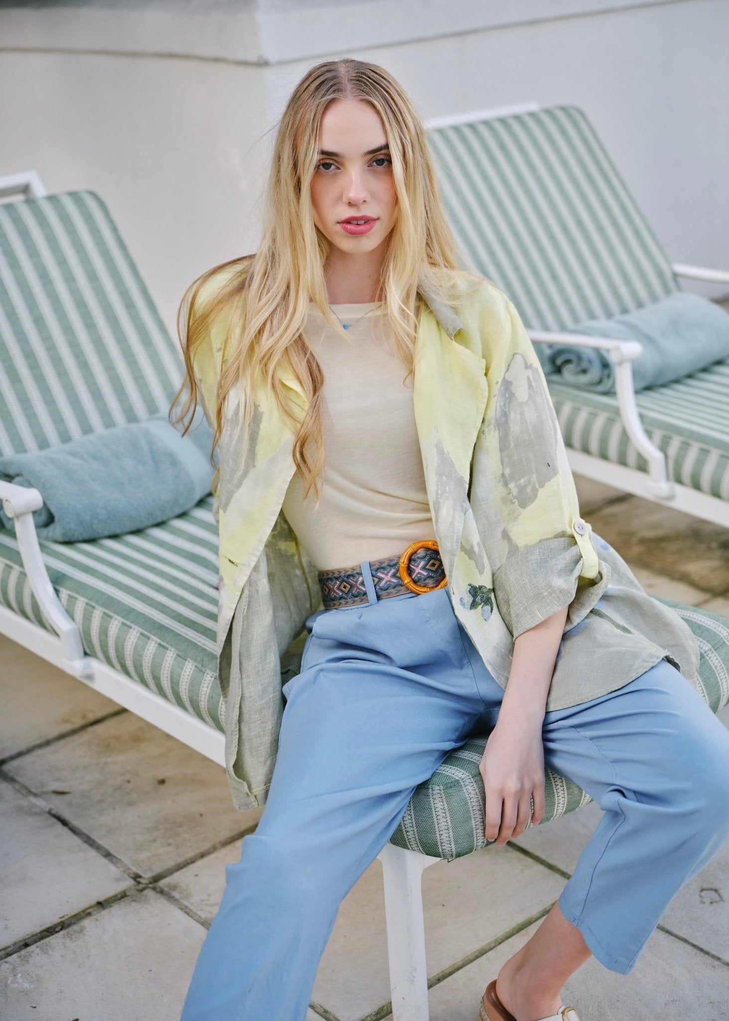 View our Sorrento Italian Linen Blazer in Butter Yellow Floral - by Tribute Store