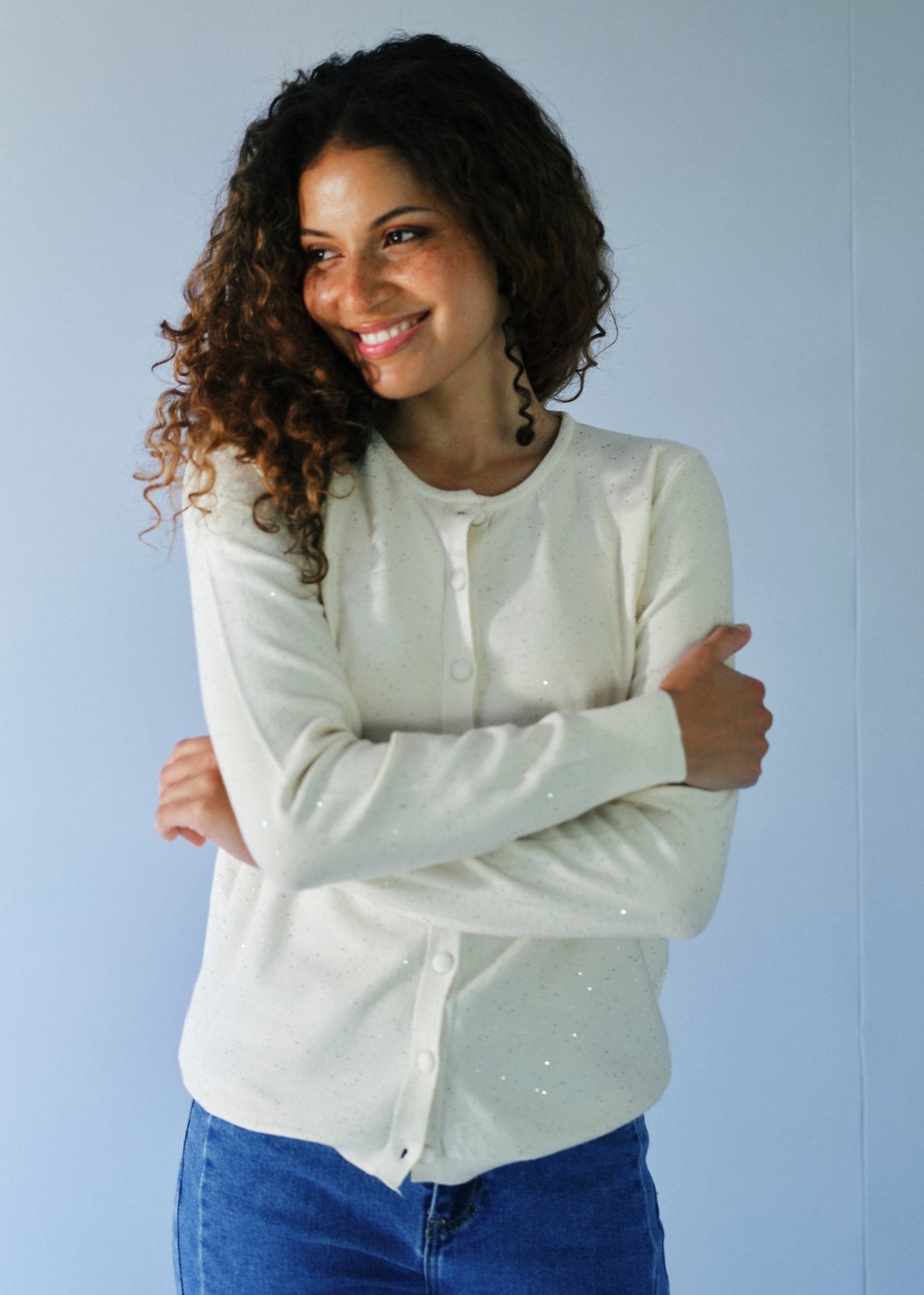 View our Sparkle Lurex Cardigan in Cream - by Tribute Store