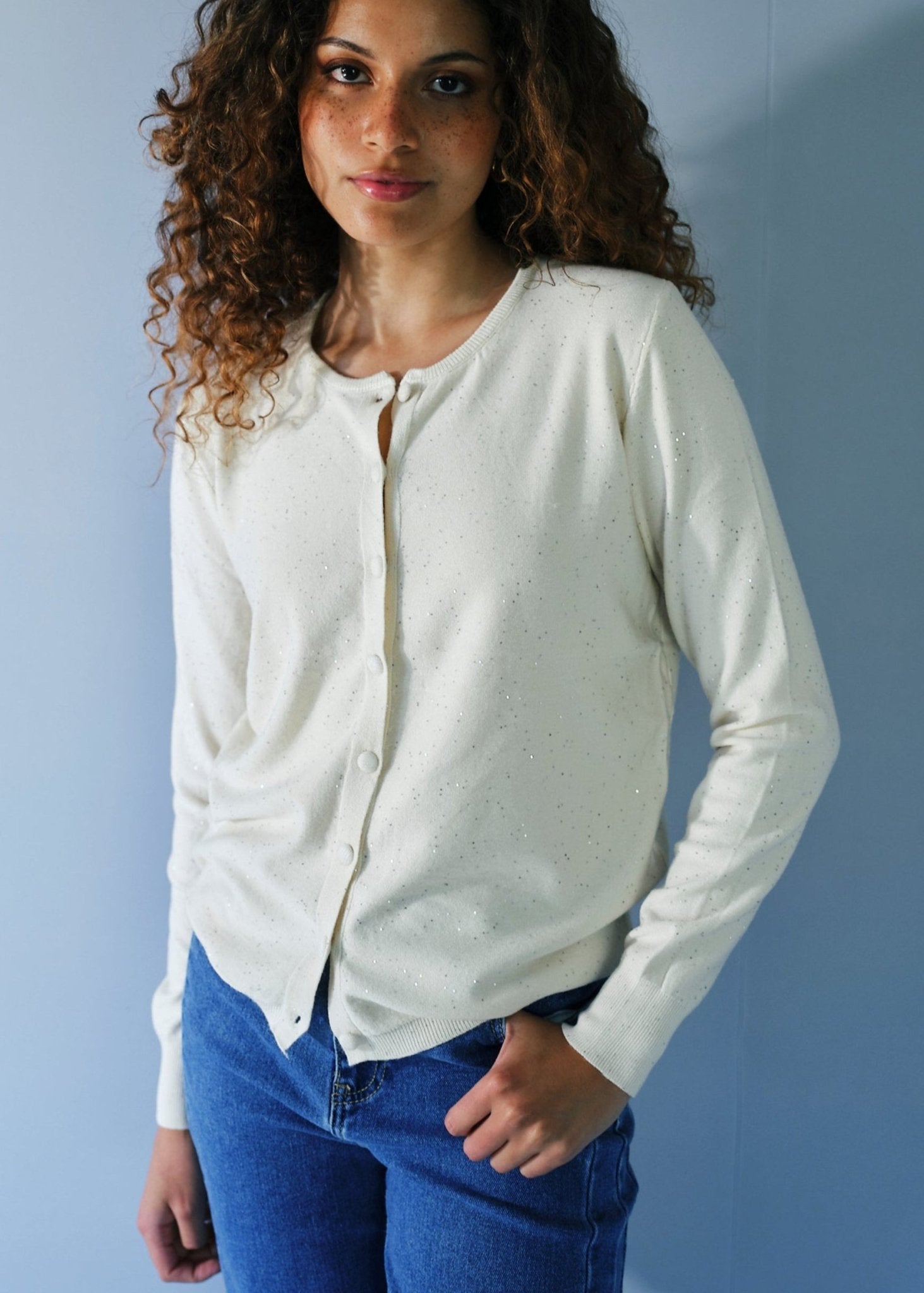 View our Sparkle Lurex Cardigan in Cream - by Tribute Store