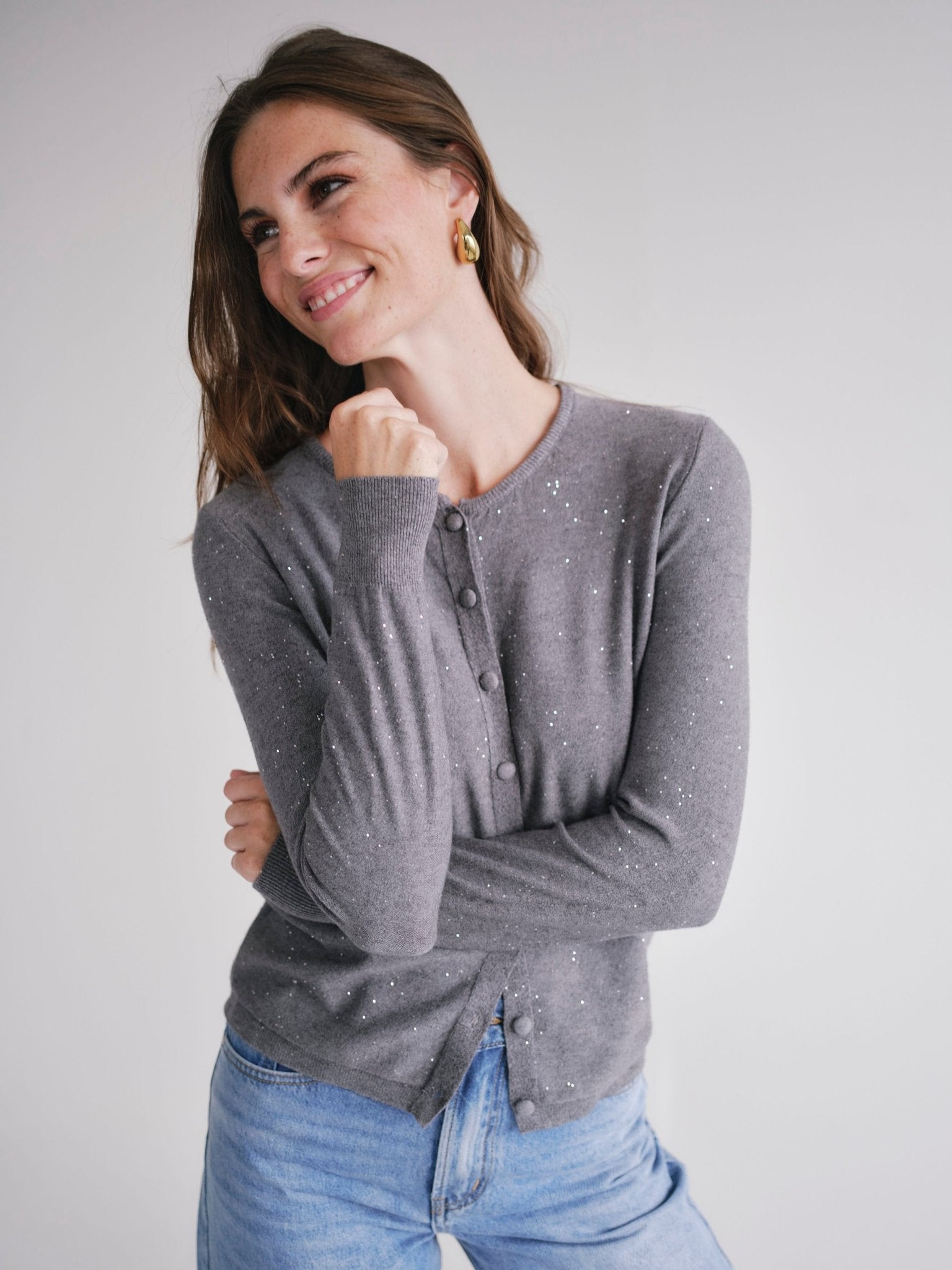 View our Sparkle Lurex Cardigan in Grey - by Tribute Store