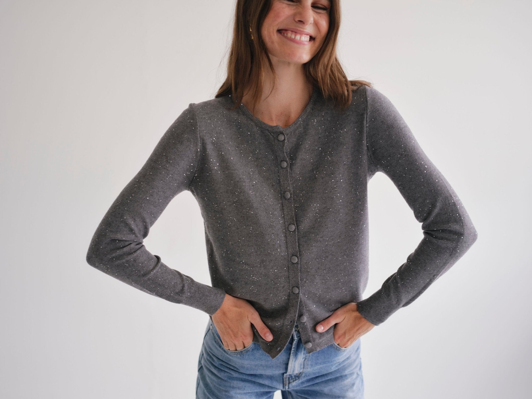 View our Sparkle Lurex Cardigan in Grey - by Tribute Store