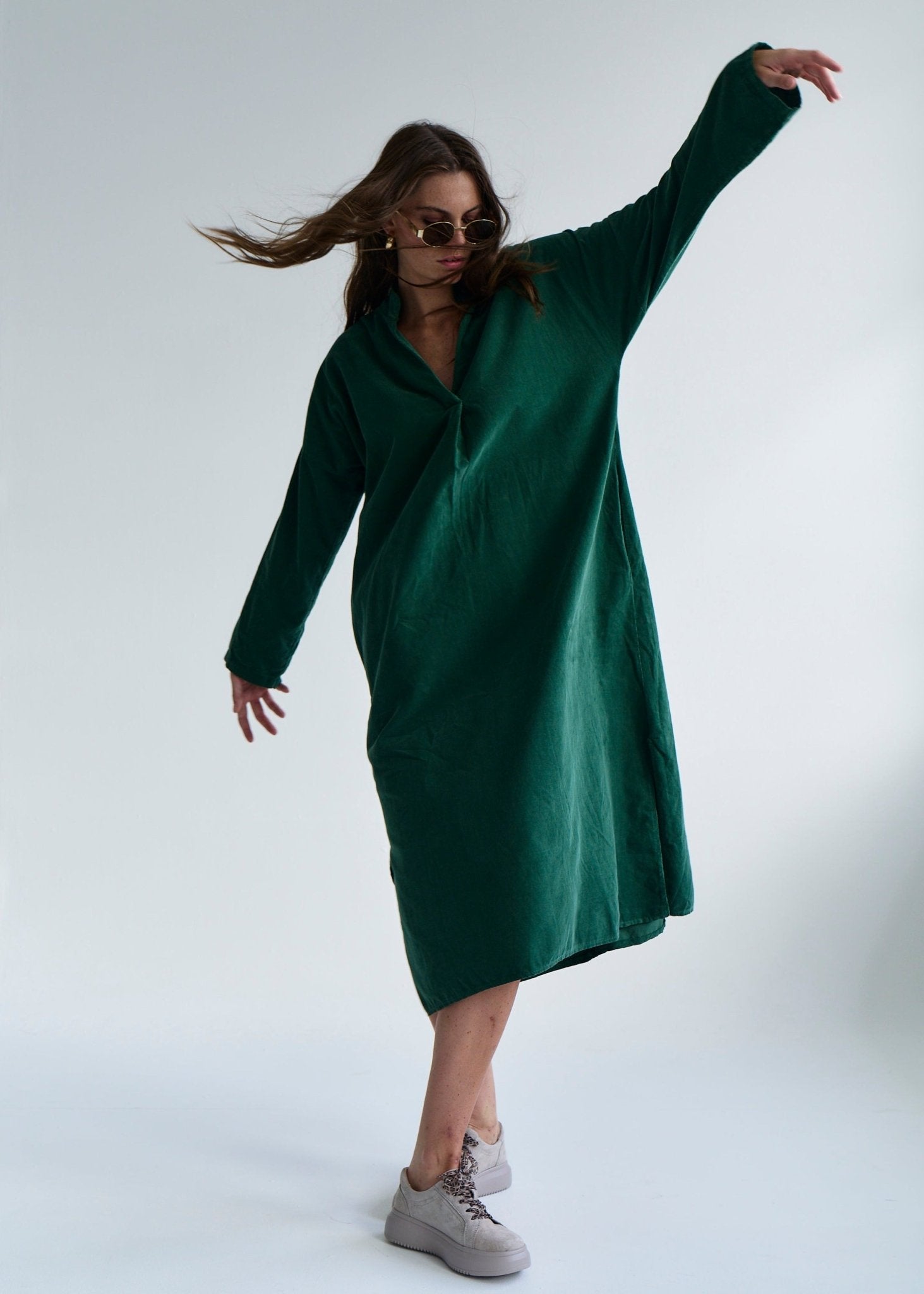 View our Stella Italian Velour Deep V Neck Dress in Bottle Green - by Tribute Store