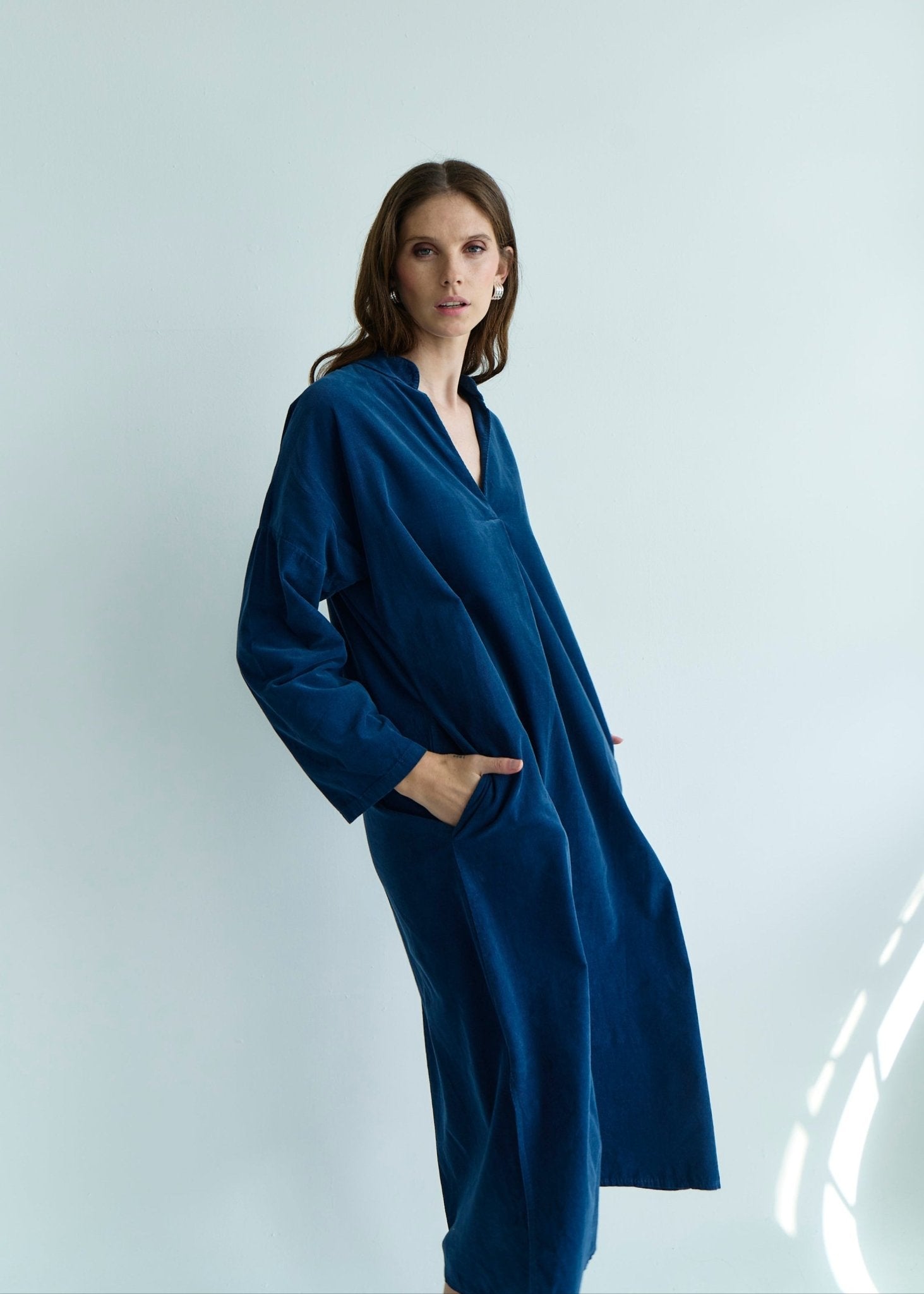 View our Stella Italian Velour Deep V Neck Dress in Dark Blue Marine - by Tribute Store