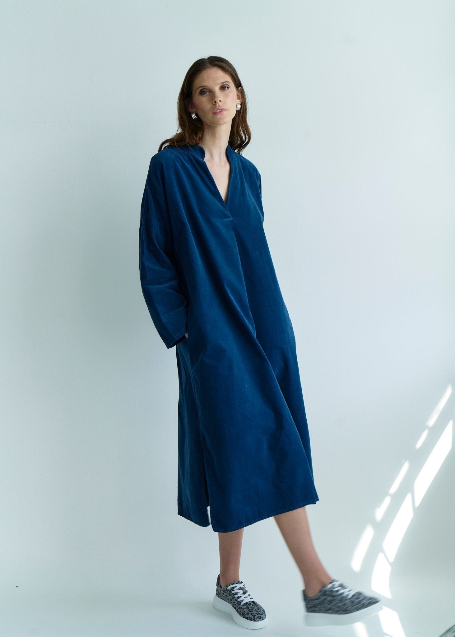 View our Stella Italian Velour Deep V Neck Dress in Dark Blue Marine - by Tribute Store