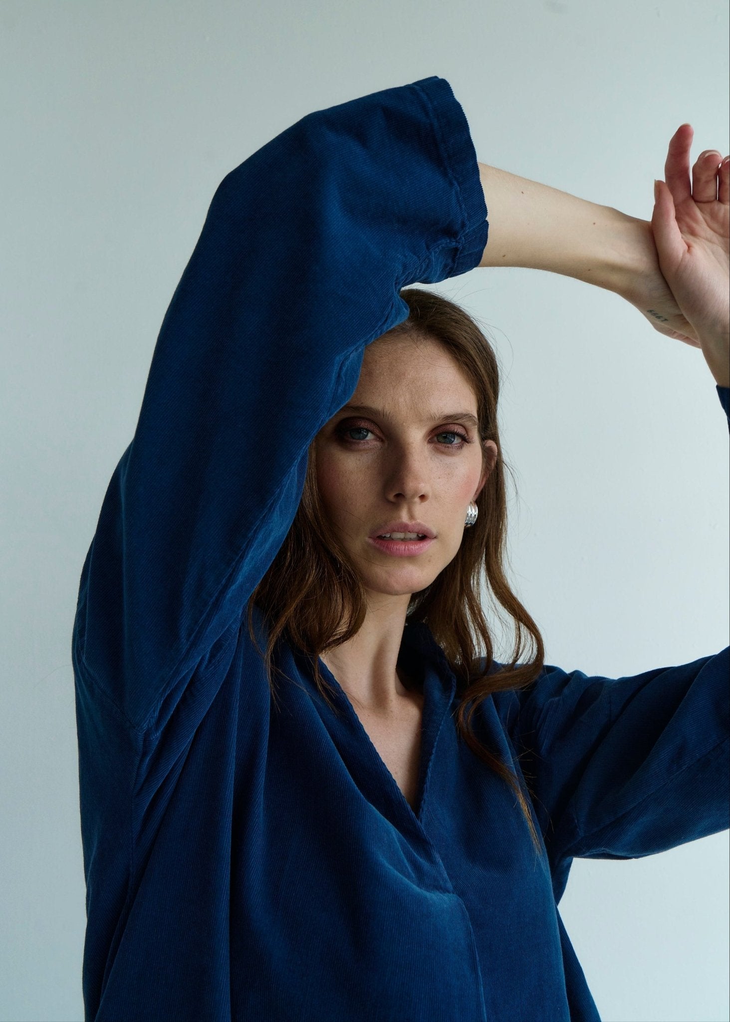 View our Stella Italian Velour Deep V Neck Dress in Dark Blue Marine - by Tribute Store