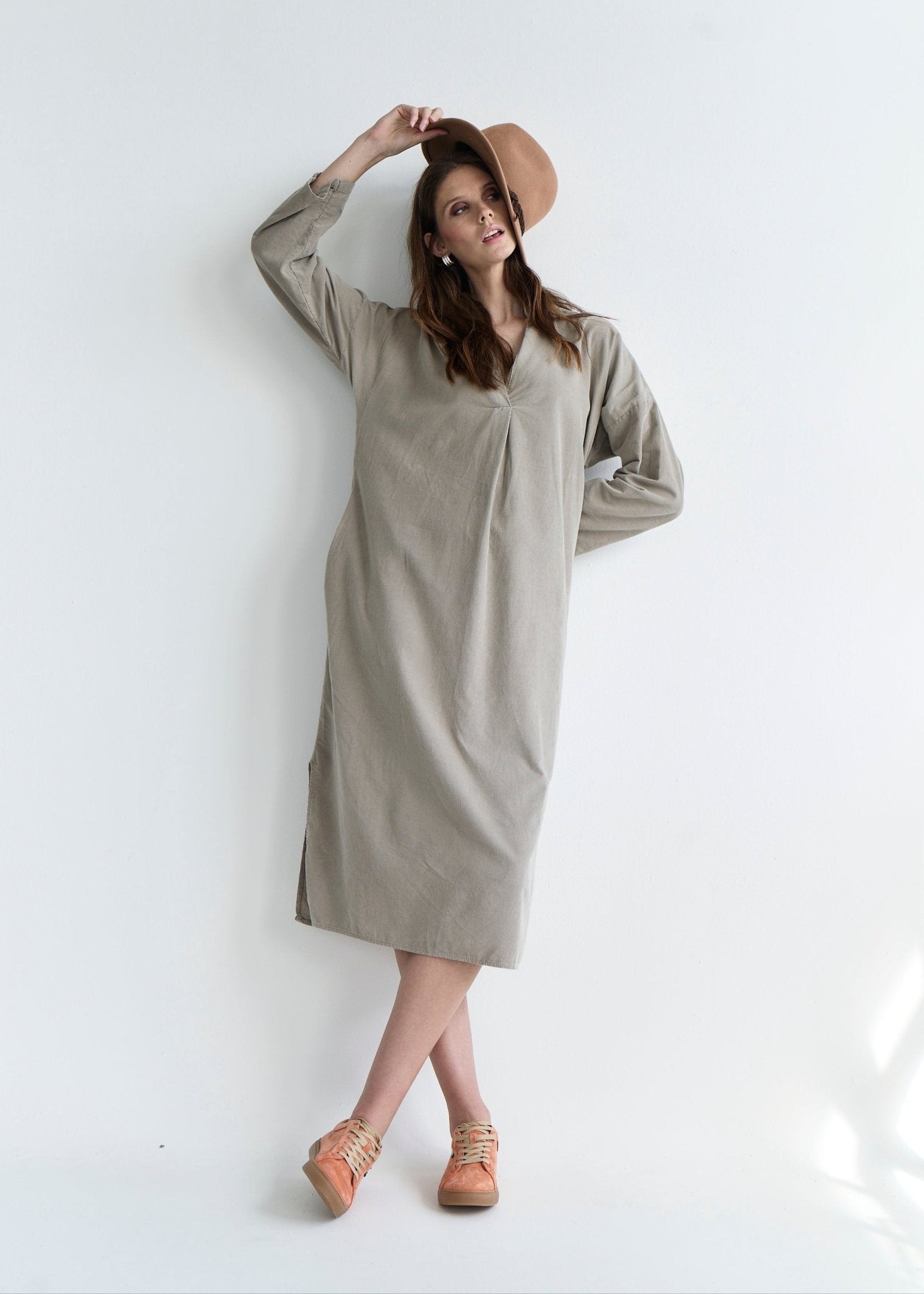 View our Stella Italian Velour Deep V Neck Dress in Taupe - by Tribute Store