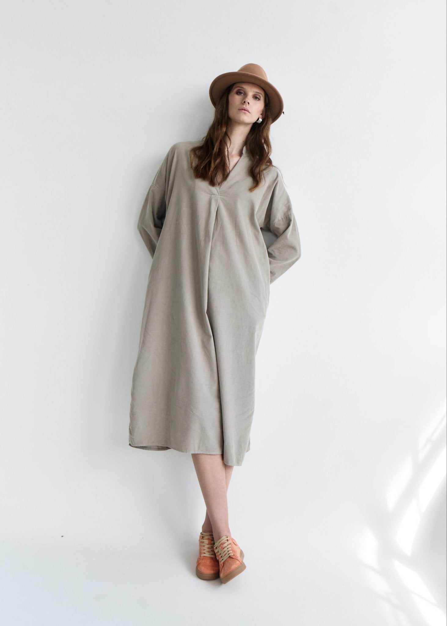 View our Stella Italian Velour Deep V Neck Dress in Taupe - by Tribute Store