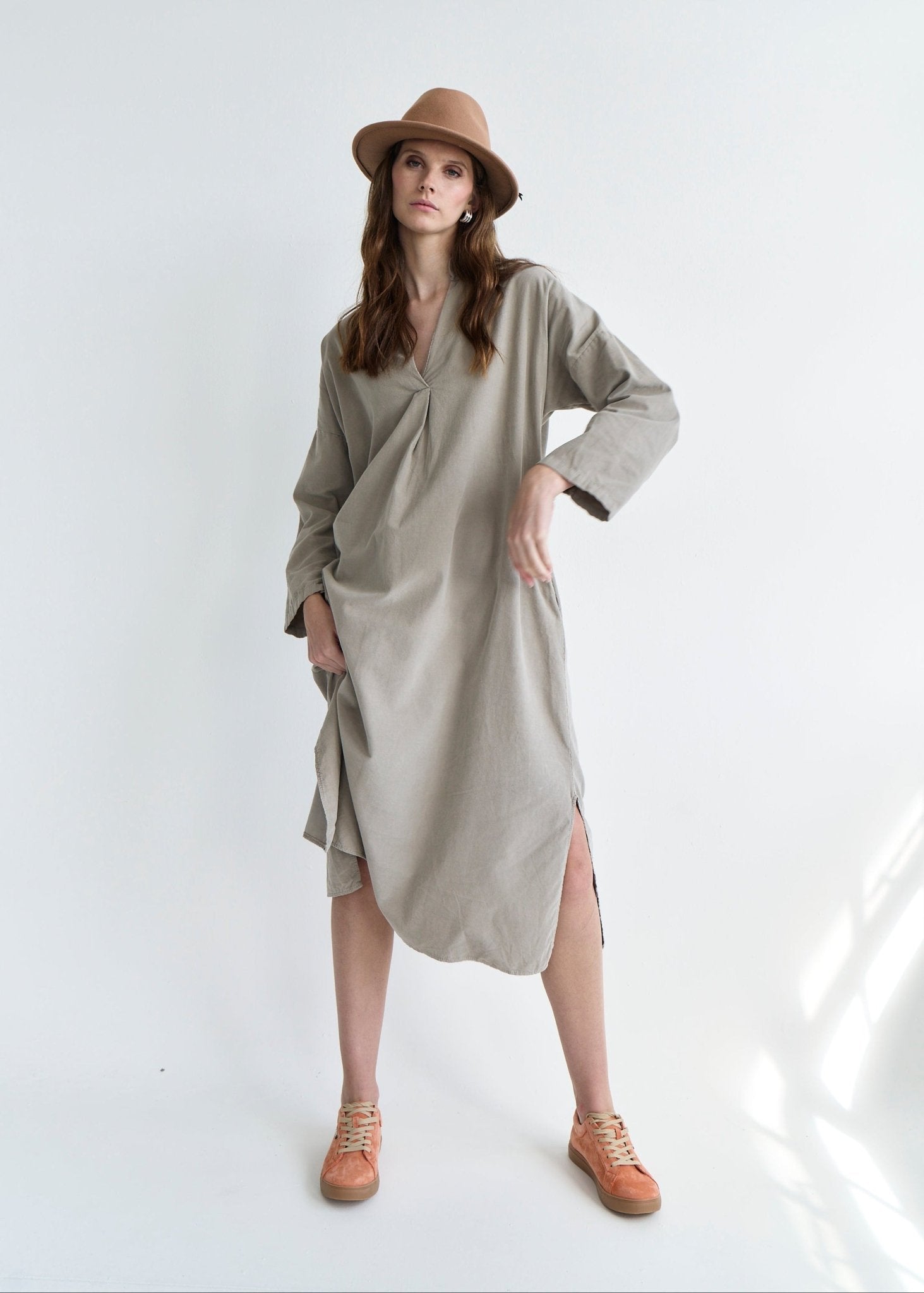 View our Stella Italian Velour Deep V Neck Dress in Taupe - by Tribute Store