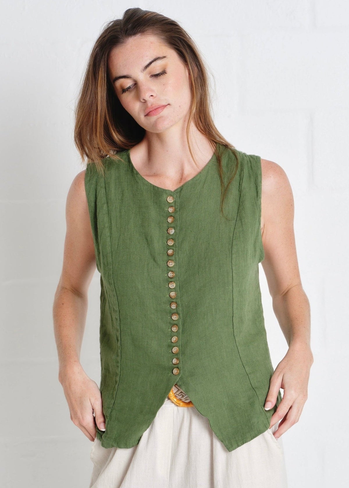 View our Sydney Linen Waistcoat In Olive - by Tribute Store
