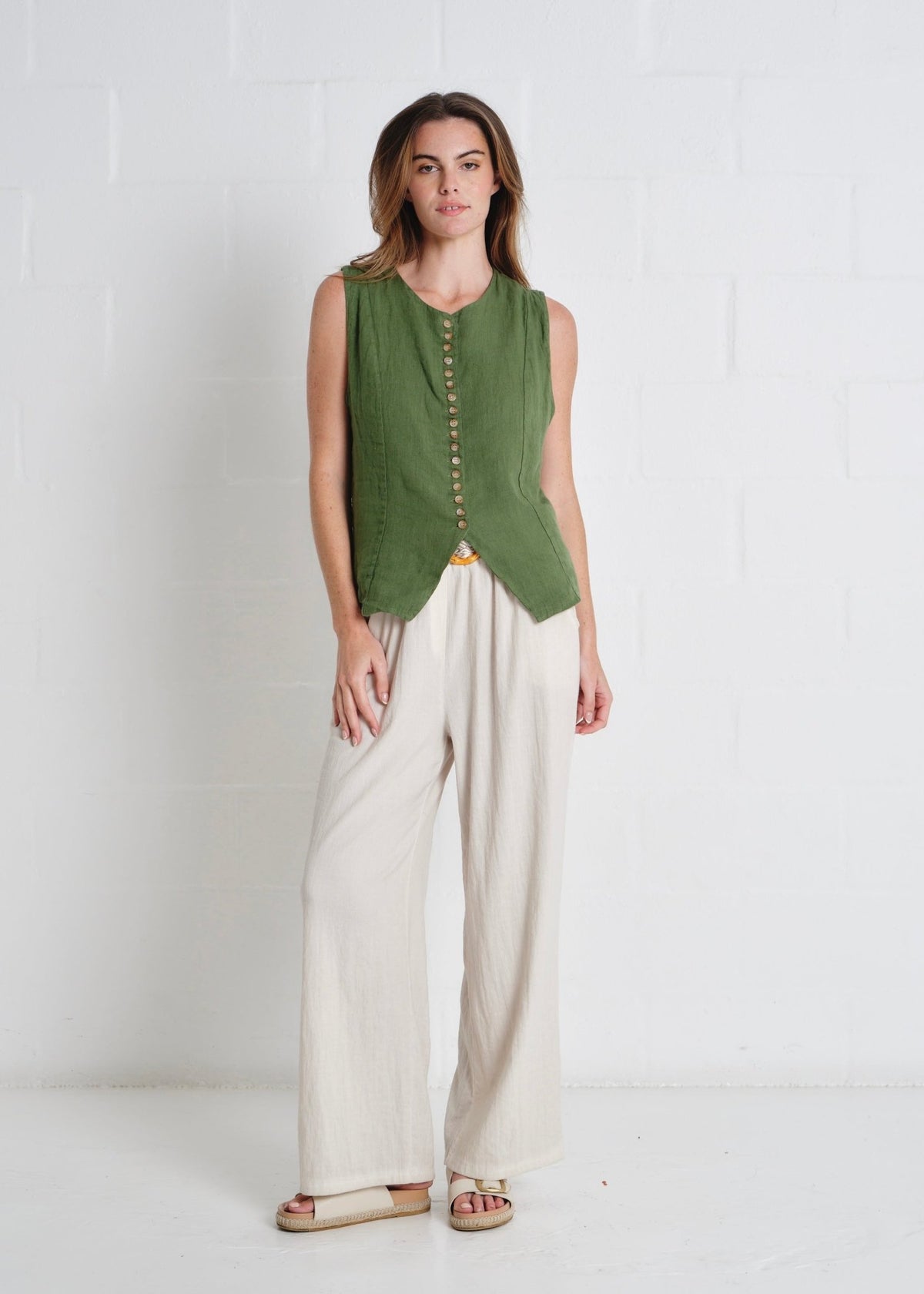 View our Sydney Linen Waistcoat In Olive - by Tribute Store
