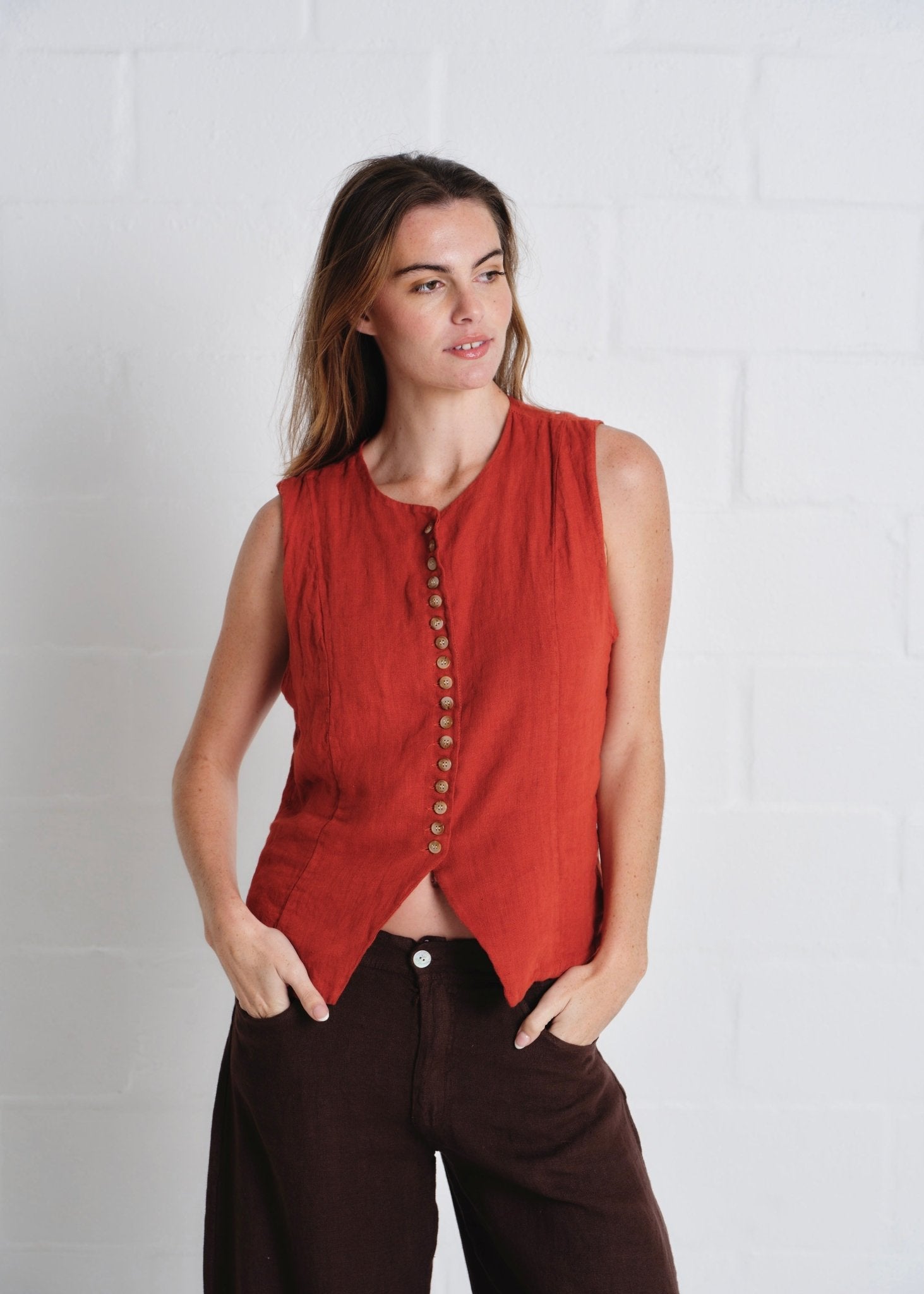 View our Sydney Linen Waistcoat In Rust - by Tribute Store
