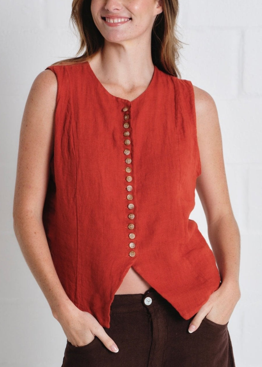 View our Sydney Linen Waistcoat In Rust - by Tribute Store