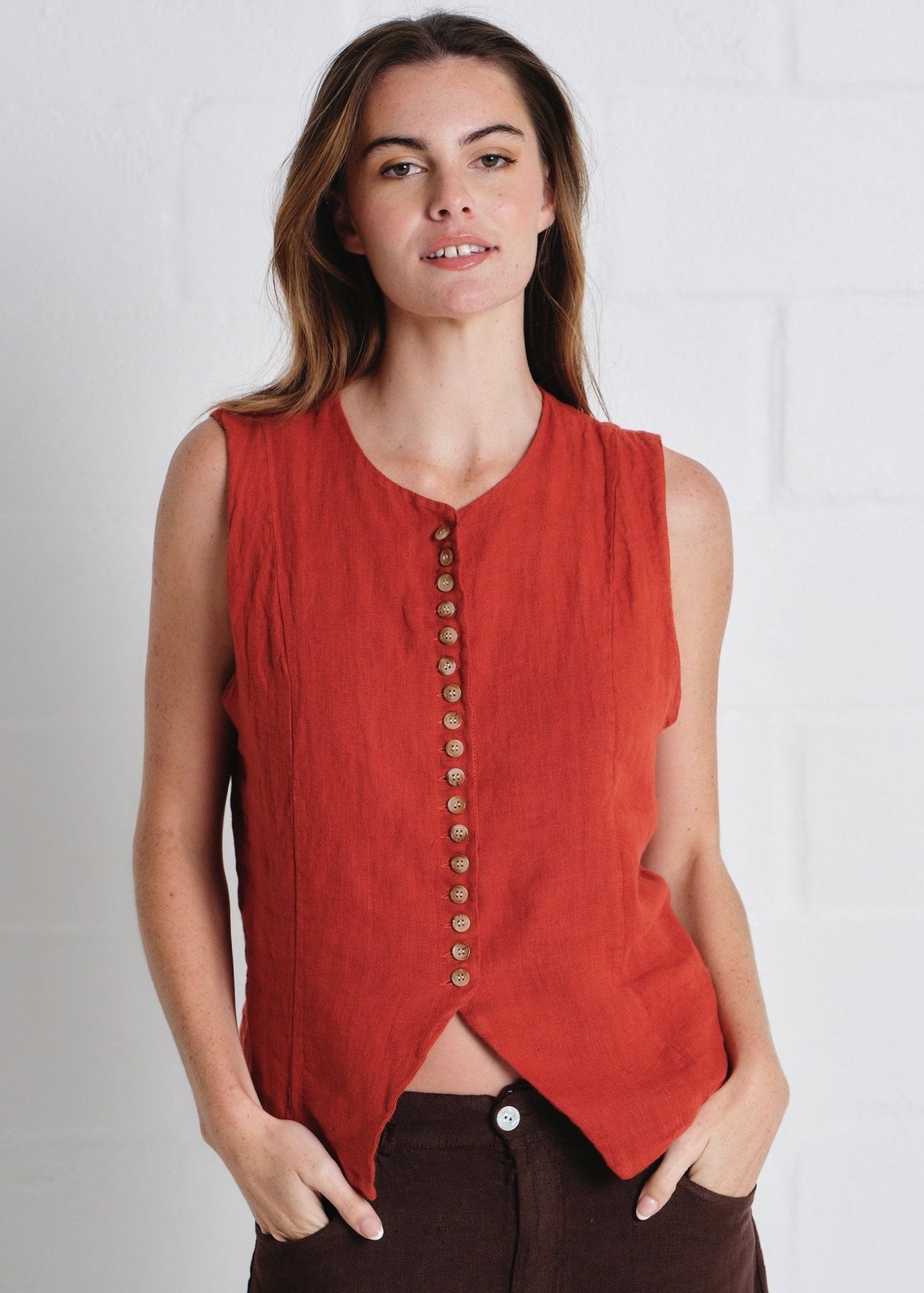 View our Sydney Linen Waistcoat In Rust - by Tribute Store