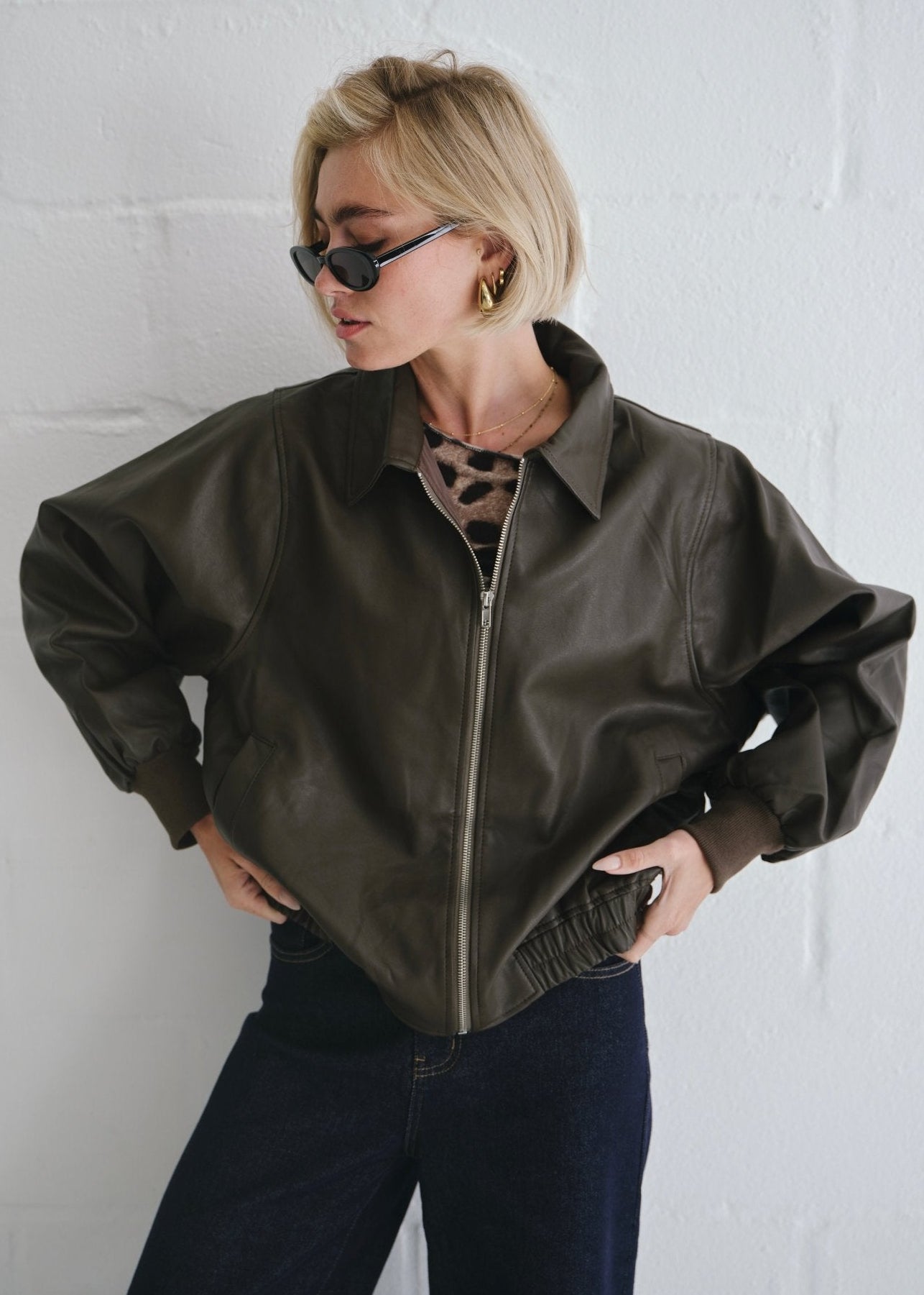 View our The Aria Faux Leather Bomber Jacket In Brown - by Tribute Store