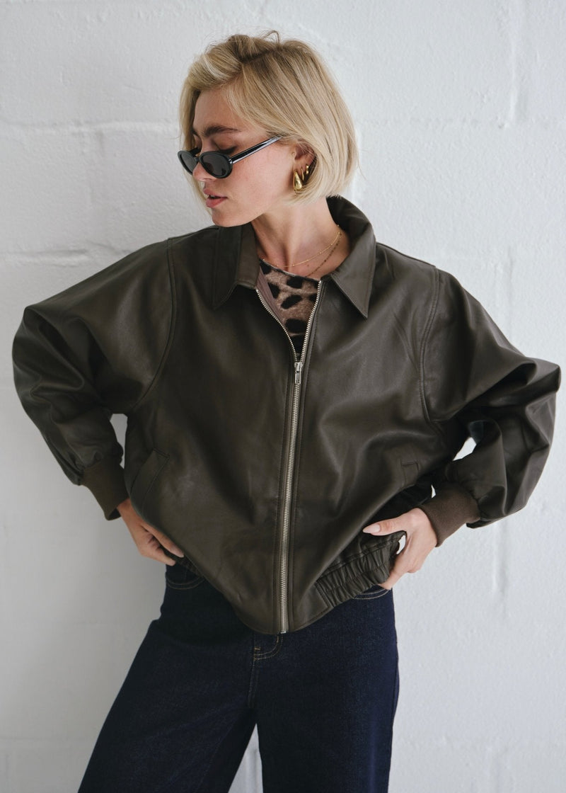 View our The Aria Faux Leather Bomber Jacket In Brown - by Tribute Store