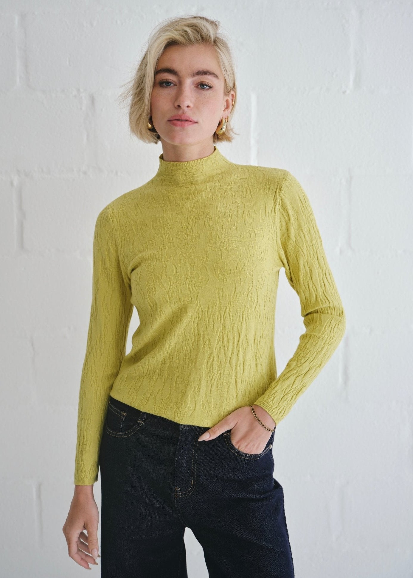 View our The Essential Chartreuse Embossed Turtleneck Knit - by Tribute Store