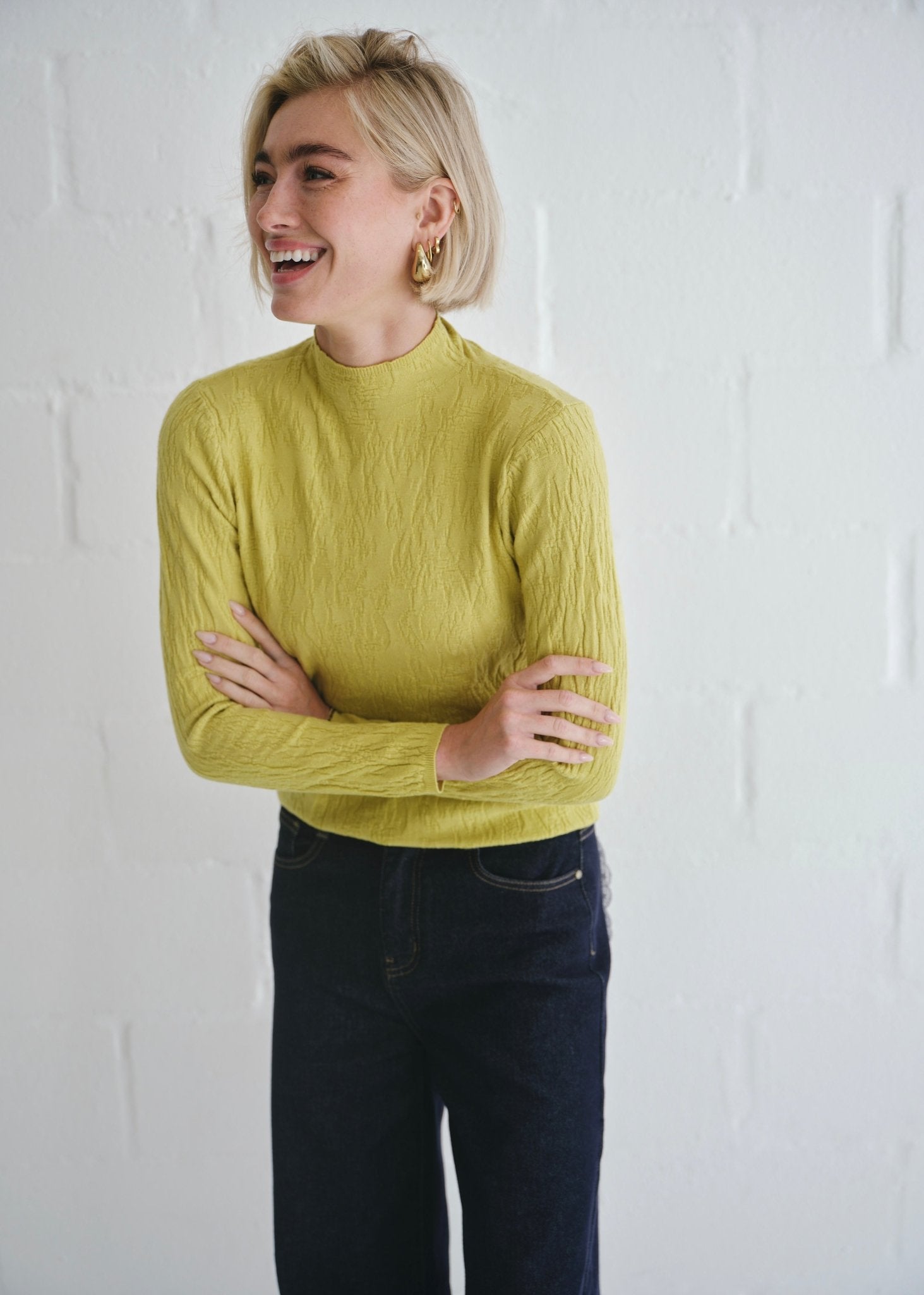 View our The Essential Chartreuse Embossed Turtleneck Knit - by Tribute Store
