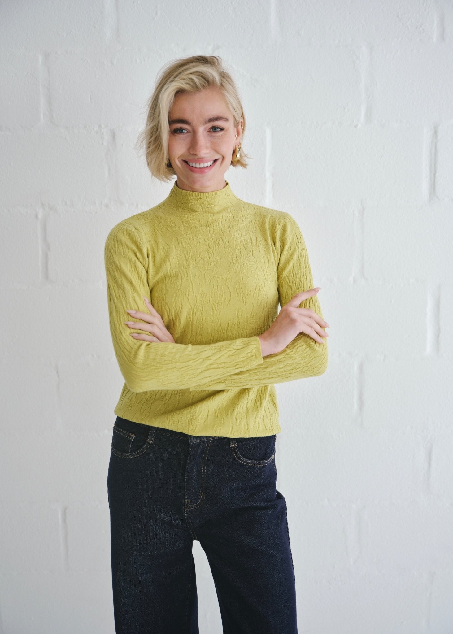 View our The Essential Chartreuse Embossed Turtleneck Knit - by Tribute Store