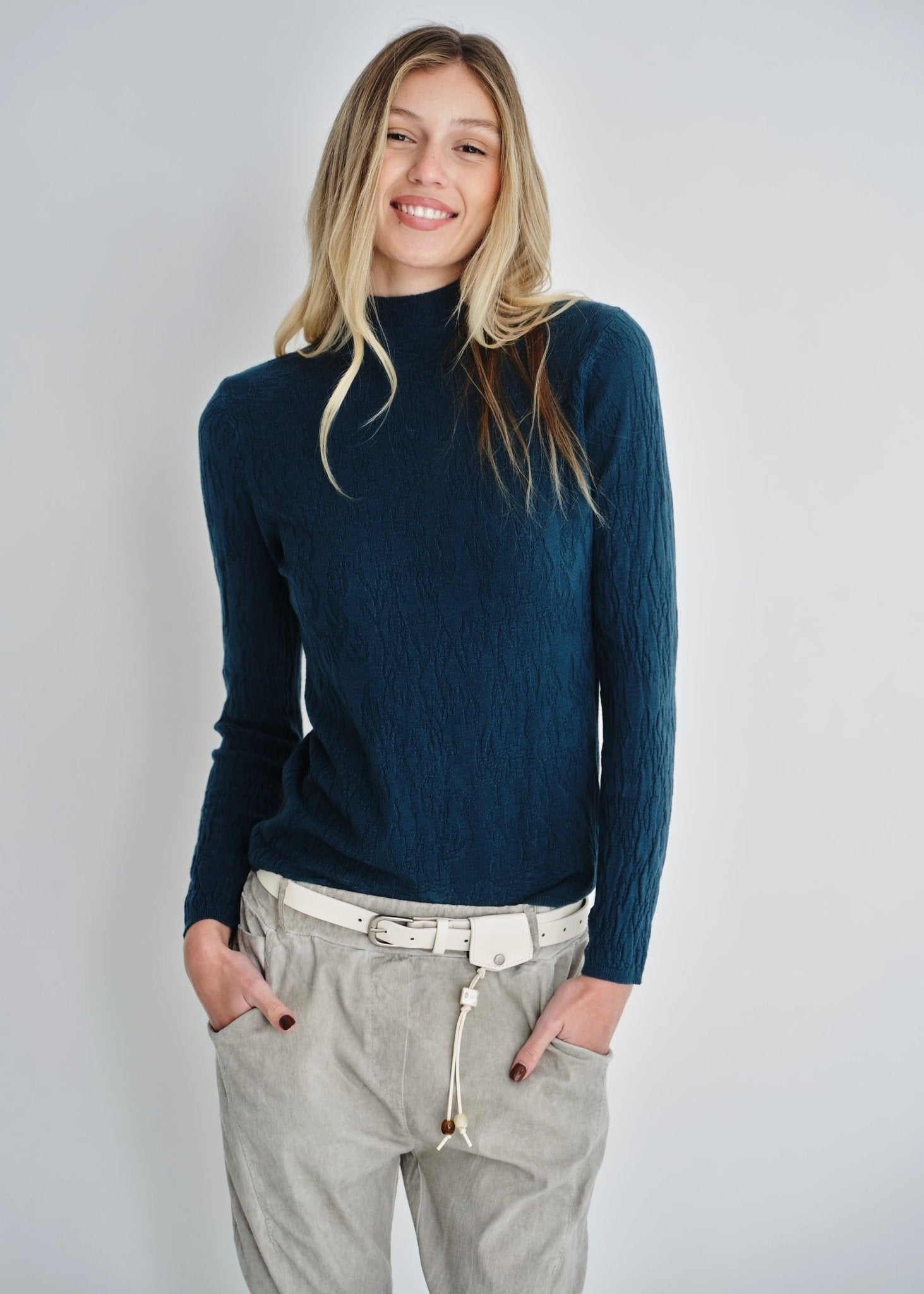 View our The Essential Teal Embossed Turtleneck Knit - by Tribute Store
