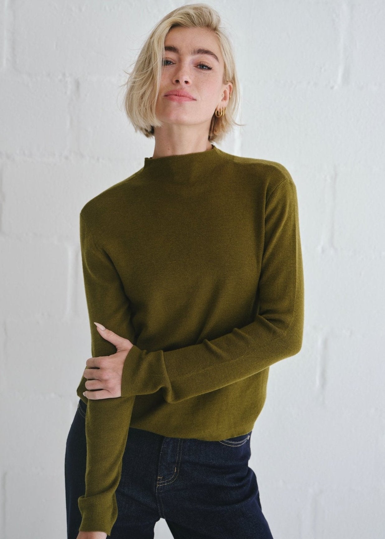 View our The Mock Neck Knit In Khaki - by Tribute Store